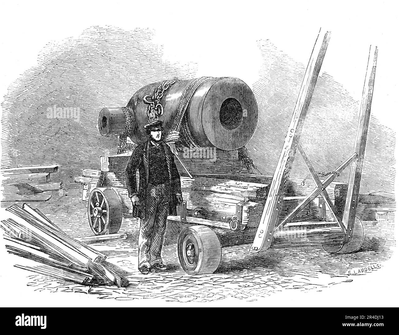 Large Mortar, cast at the Vauxhall Foundry, Liverpool, 1856. 'This immense mortar was cast at the works of Messrs. George Forrester and Co...The rough casting weighed about thirty tons; having had a head cast on it the same length as the finished mortar. The metal is entirely of charcoal iron, from the Acadian Company's mines, near Nova Scotia. It is a very pure and strong metal, showing in analysis very little, if any, sulphur...The shells...weigh, uncharged, rather more than 5 cwt. each; and it is expected that with a full charge, or about 40 lb. weight of powder, the range will exceed 7000 Stock Photo