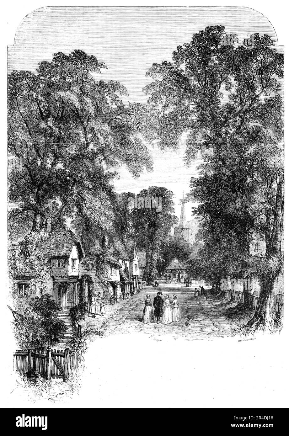 Sunday Morning; from &quot;The Lump of Gold&quot;, by Charles MacKay, drawn by Samuel Read, 1856. 'Embower'd amid the Surrey Hills The quiet village lay, Two rows of ancient cottages Beside the public way, A modest church, with ivied tower, And spire with mosses grey...Beneath the elm's o'erarching boughs...'Twas Sunday morn, and Parson Vale, Beloved of high and low, With smiles for all men's happiness, And heart for every woe, Walked meekly to the parish-church With hair as white as snow; Walked meekly to the parish-church Amid his daughters three; There were more angels at his side Than mort Stock Photo