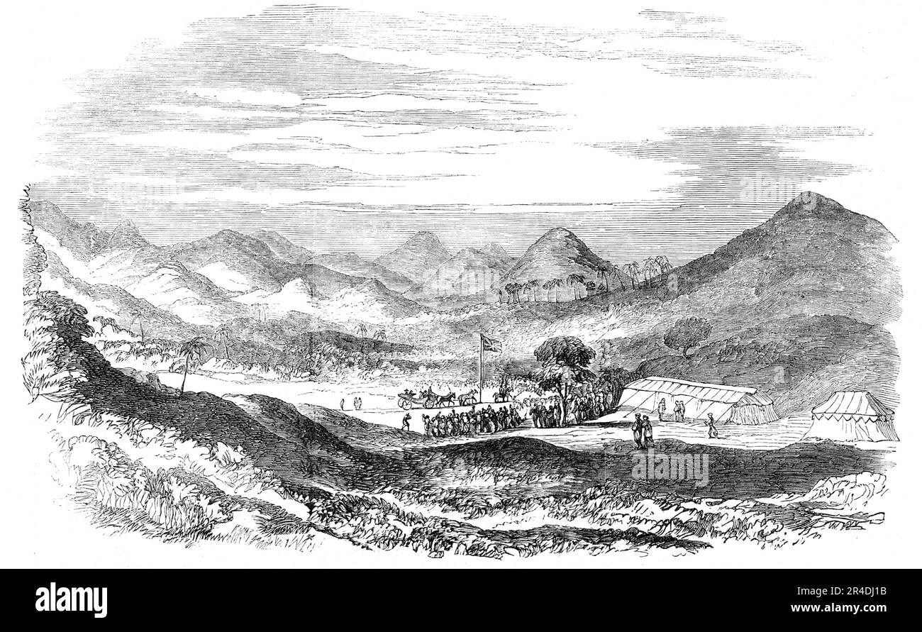 Commencement of the Reservoir, in the Valley of Vehar, Island of Salsette, [India], 1856. 'The town...of Bombay, the population of which is estimated at about half a million, are so badly supplied with water that, when the annual rains are deficient in quantity, the place is subjected to all the horrors of drought...To remedy this wretched state of affairs...it has been resolved to form a vast reservoir in the island of Salsette, now joined to...Bombay by the railway viaduct. The valley of Kehar, embosomed in hills, is to be converted into a lake by means of embankments at its embouchure; and Stock Photo
