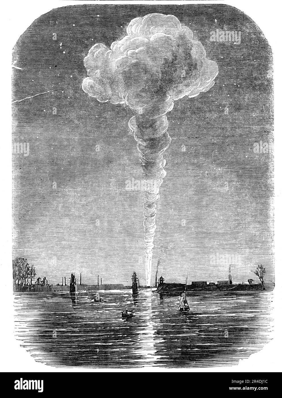 The Burning of the Vauxhall Railway Station, seen from Battersea-Bridge, 1856. '...a sudden alarm of fire arose, and the same instant it was discovered that a small ante-room adjoining the booking-office, and occupied by the clerk in charge, was in flames. In a very few moments the fire had extended to the booking office itself; and so remarkably rapid was its progress that the officials present, so far from being able to stay its ravages, were compelled to make a hasty retreat...the fire travelled with the rapidity ot electricity, seizing upon the whole of the offices, then extending to the t Stock Photo