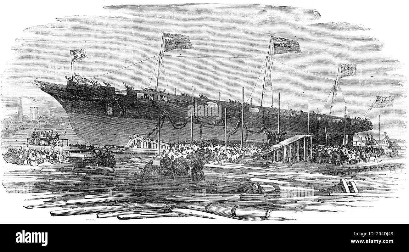 Launch of H.M. Dispatch Gun-Boat &quot;Vigilant&quot;, at Messrs. Mare and Co.'s, Blackwall, 1856. Vessel '...of 670 tons burden, 180 feet in length, 28 feet beam, 14 feet depth of hold...propelled by engines of 200-horse power...the Vigilant...was named by Miss Armytage, the sister of the gentleman who will command her...the attendance of visitors was very numerous, and the whole affair gave the greatest satisfaction. The expedition displayed in forwarding the iron mortar-boats reflects the greatest credit on Messrs Westwood and Baillie, the managing representatives on the works for the assig Stock Photo