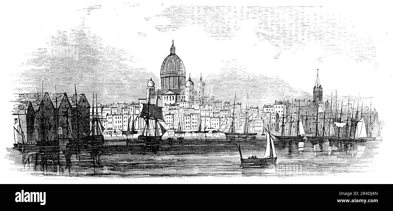 The Approach to St. Petersburg, 1856. Ships on the Neva River, with Saint Isaac's Cathedral in the background. From &quot;Illustrated London News&quot;, 1856. Stock Photo