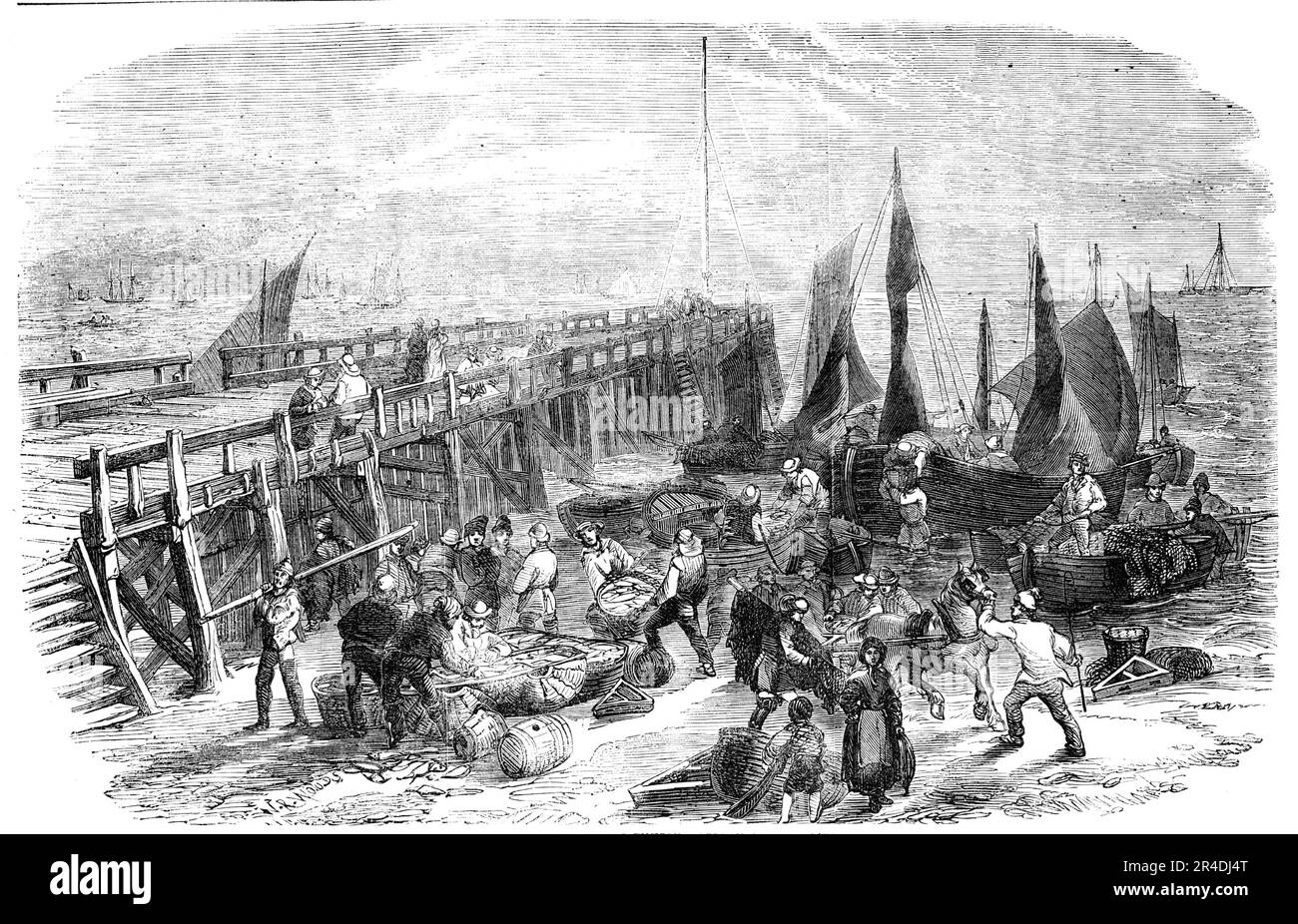 The Yarmouth Herring Fishery - Return of the Boats, 1856. Fishing in East Anglia: '...the boats go southward as far as the mouth of the Thames and the South Foreland. Herrings also frequent a part opposite Yarmouth called the Head; and a place known....as the Brown Bank, on the Dutch coast. There is also a smaller sort of herring caught at Yarmouth, by boats nearer the shore; they are of good quality, and are called &quot;long shores,&quot; or &quot;alongshore herrings.&quot; When the fishery is near home, great numbers of boats depart from the shore at sunset to set their nets, returning in t Stock Photo