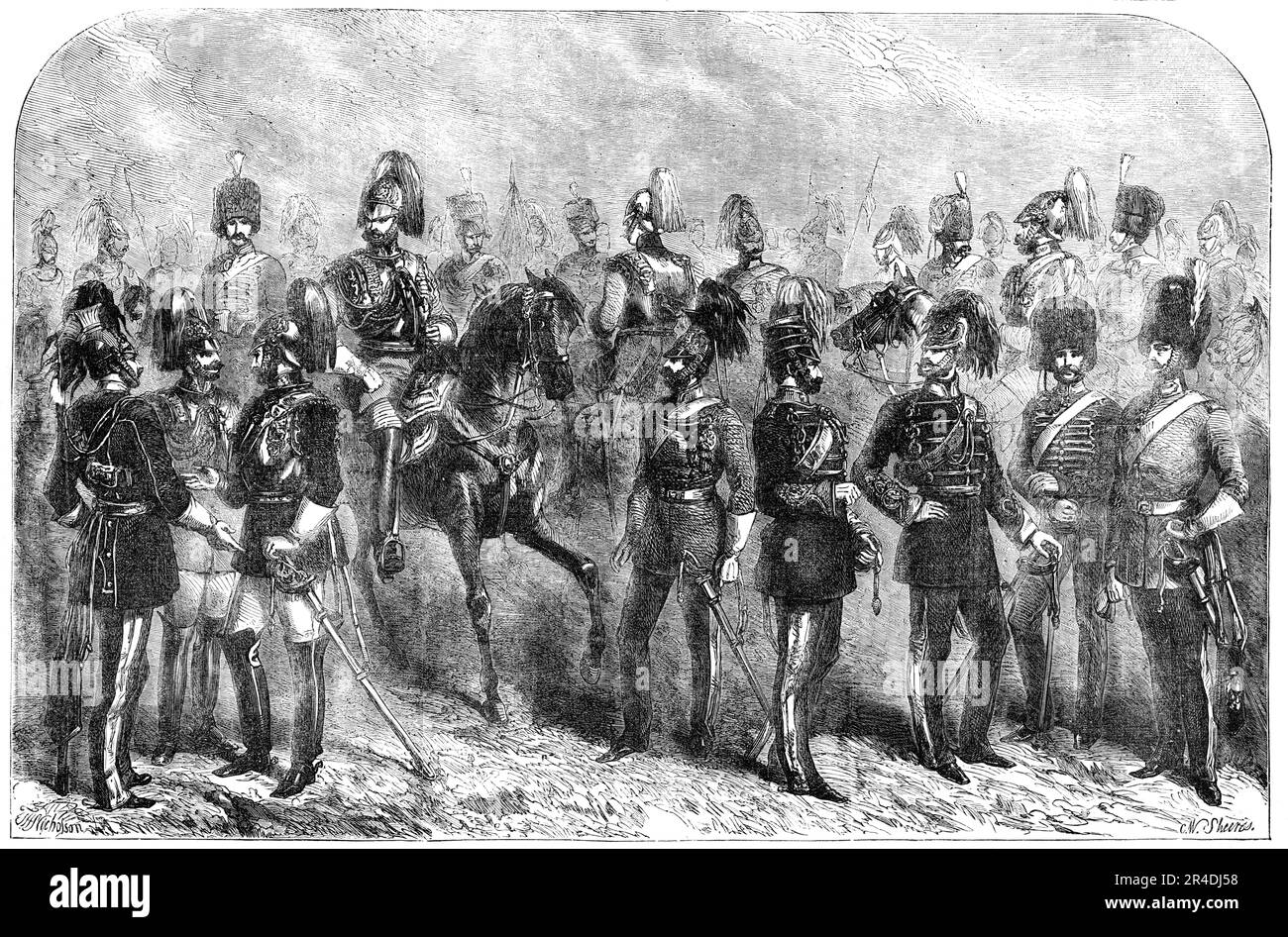 New Uniforms of the British Cavalry, 1856. '17th Lancers, Royal Horse Guards Blue, 1st Life Guards, 16th Lancers, 3rd Light Dragoons, 6th Dragoon Guards, 2nd Life Guards, Royal Horse Artillery, 2nd Dragoons...The principal alteration is in the substitution of the German frock for the coatee. Henceforth our stalwart Dragoons will wear a dress more in harmony with that of civilians; while in the disuse of epaulets, which is another distinctive feature, the officers, if they lose one of the symbols of their rank, will also be saved the coat of an expensive and not very handsome distinction. Gold Stock Photo