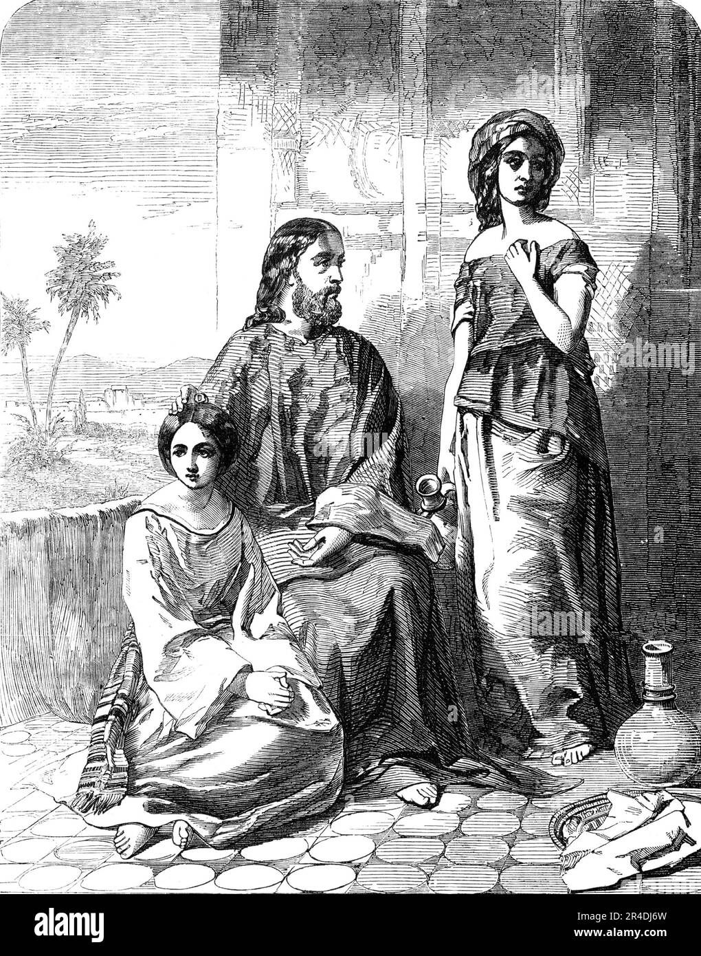 &quot;The Visit to Bethany&quot; - painted by A. B. Clay - from the Exhibition of the National Institution, 1856. Engraving of a painting: '...a sober and judicious rendering of a solemn passage in Scripture. Christ sits in the midst, with his hand resting on the head of Mary, who is seated at the Saviour's feet. There is an air of great simplicity and innocence in her face. That of Martha is not deficient in expression; it bespeaks that the rebuke, &quot;Martha, Martha, thou art careful and troubled about many things,&quot; &amp;c., has taken effect, and awakened her to the vanity of earthly Stock Photo