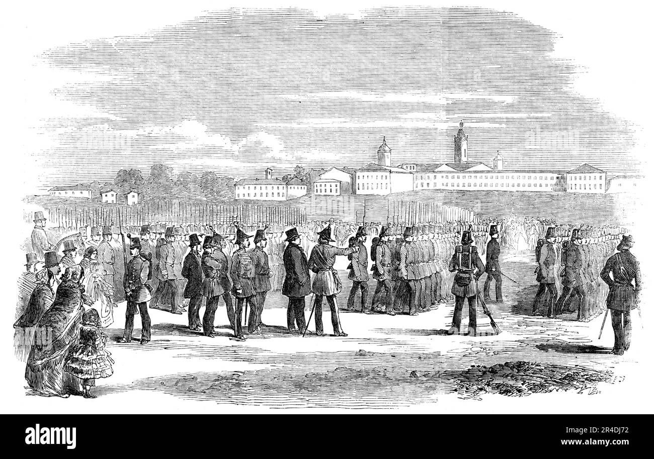 Review of the British-Italian Legion, at Novara, 1856. 'This highly-efficient force is now composed of four regiments, each numbering one thousand and seventy strong; the entire nearly equipped, and fit for any service...The men are a remarkably fine body...averaging a standard of five feet eight inches. They are tractable and well disciplined, and consist of Piedmontese, Sardinians, Lombards, and men from Savoy, Parma, Modena, &amp;c...Great praise is due to Sir James Hudson K.C.B., the British Minister at Turin, for originating the idea of the formation of the Legion, which may be augmented Stock Photo