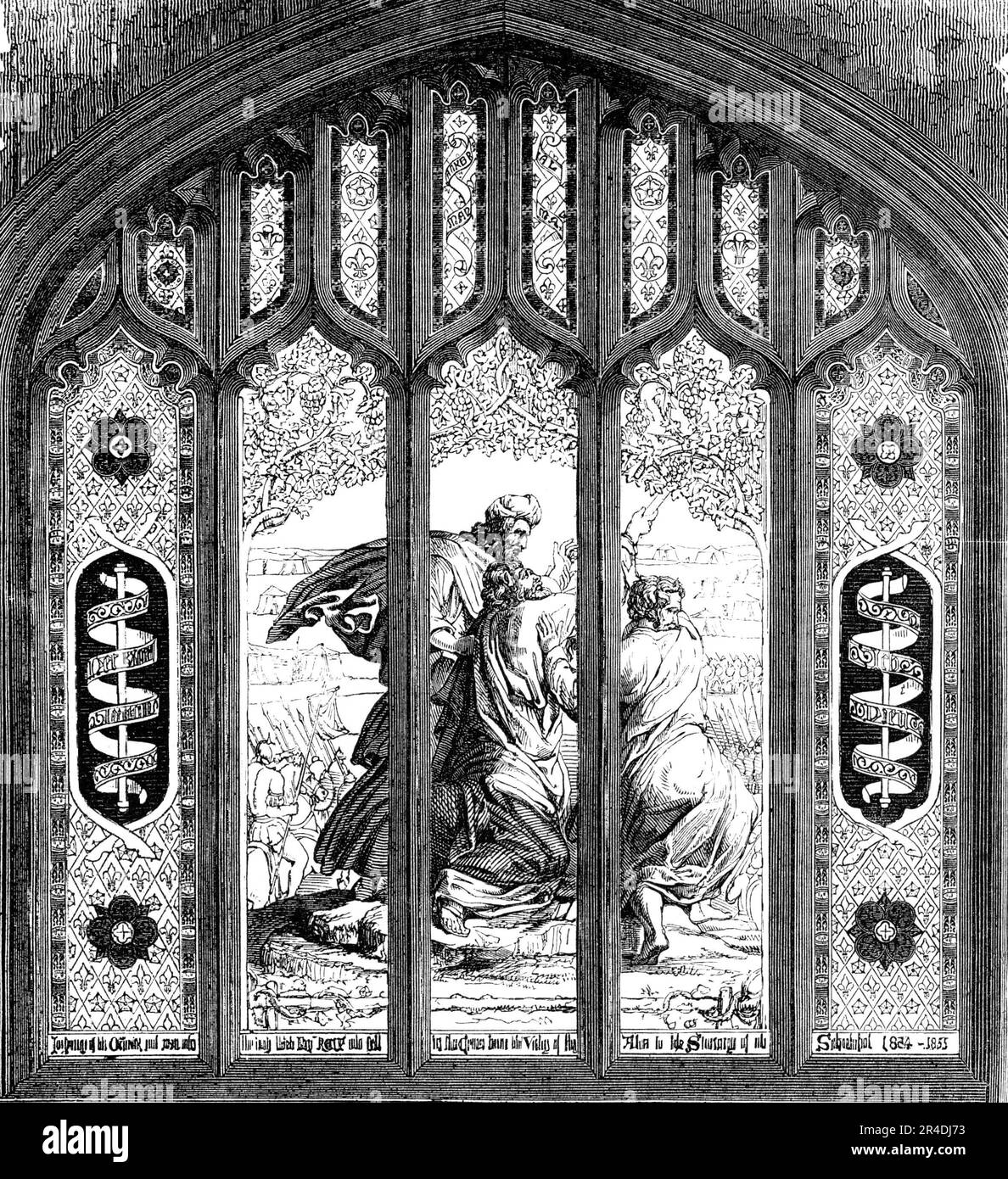 Memorial Window Erected in St. Mary's Church, Chester, to Heroes of the 23rd Royal Welsh Fusiliers, 1856. 'This fine window has been designed and executed by Mr. George Hedgeland...in memory of the heroes...who fell in the Crimea from the victory of the Alma to the capture of Sebastopol. The principal subject represents Aaron and Hur holding up the hands of Moses during the battle between Israel and Amalek...The subject...occupies three of the five lights; the other two bear scrolls, with the mottoes &quot;Ich dien,&quot; and &quot;Nec Aspera terrent,&quot; from the colours of the regiment; fr Stock Photo