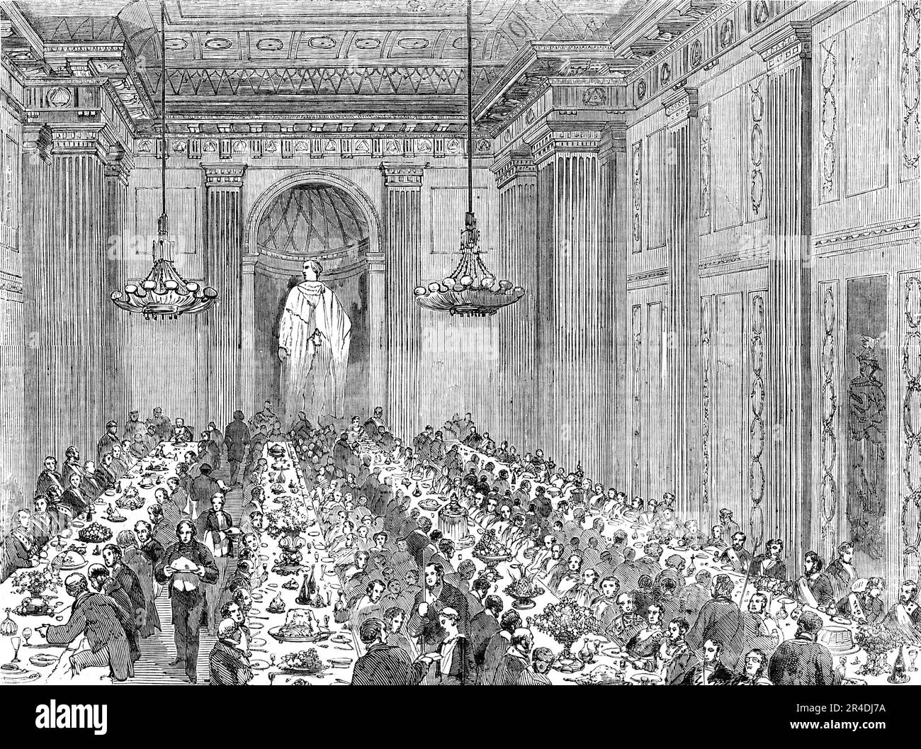 Anniversary Dinner of the Royal Masonic Institution for Boys, 1856. Masonic charity '...established in 1798 for the purpose of clothing, educating, and apprenticing the sons of indigent and deceased Freemasons...[View in Freemasons' Hall, London, at the] the moment when the boys were introduced to the Grand Master by the stewards...The tables were elegantly decorated with vases and candelabra, and the whole presented a very imposing spectacle; whilst the excellence of the viands did great credit to the establishment...the brethren were presided over by the M.W.G.M. the Earl of Zetland...Severa Stock Photo