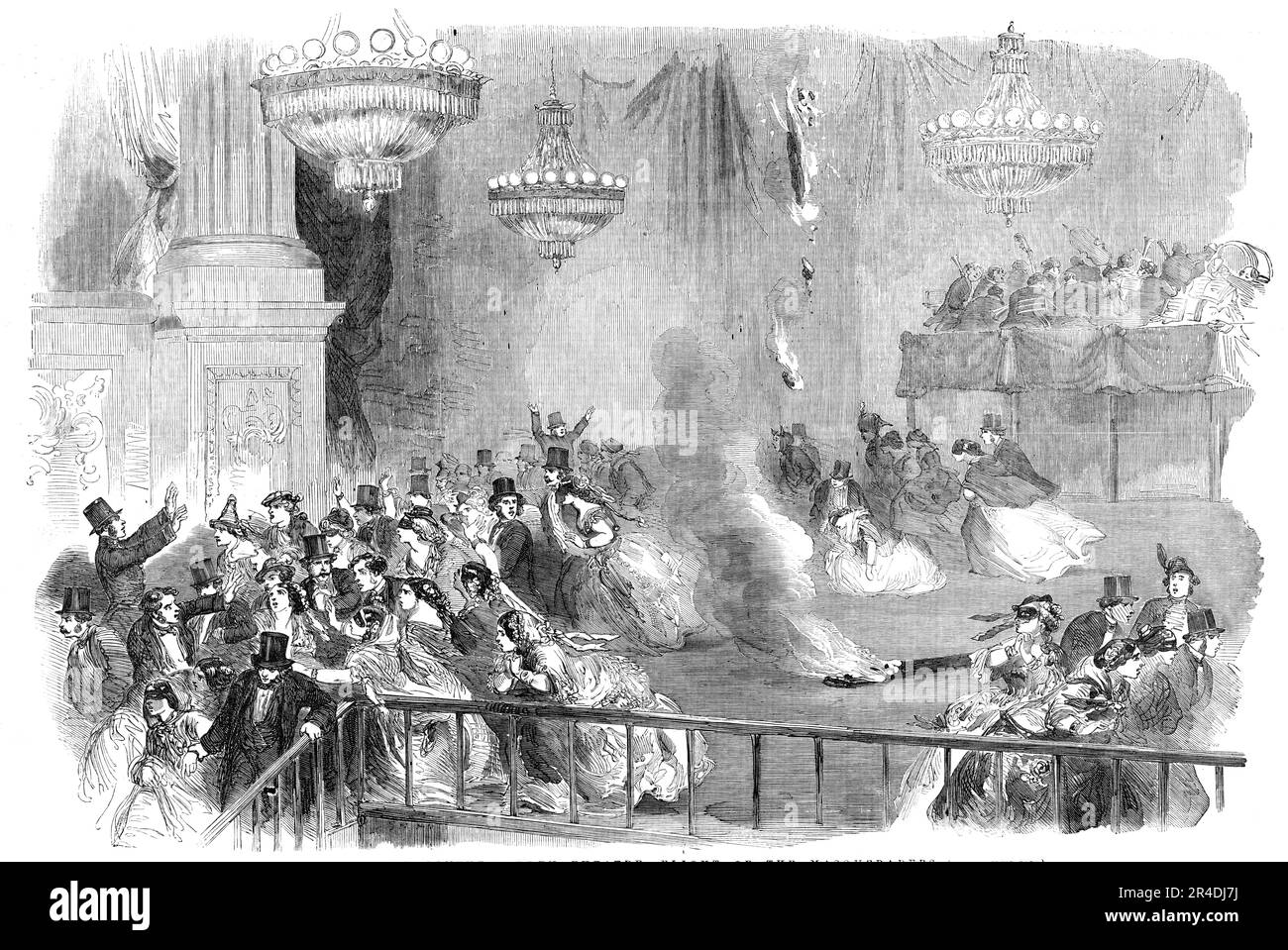 The Burning of Covent-Garden Theatre - Flight of the Masqueraders, 1856. Illustration to a poem suggested by a theatre fire. 'Ho! ho! Tramp, tramp go the hurrying feet - Hark, hark to the rush in the crowded street! But wilder, and fiercer, and madder the rout; Shall resound through these walls ere my flames be crushed out; Hurrah! hurrah! for the Carnival, The rushing and crushing - the masque and the ball; Storm-loving rioters, merry men all, Hurrah! hurrah! for your Carnival! Fled - fled are the harpers, and hushed is their tuning, And trampled the women, all shrieking and swooning; Amid cr Stock Photo