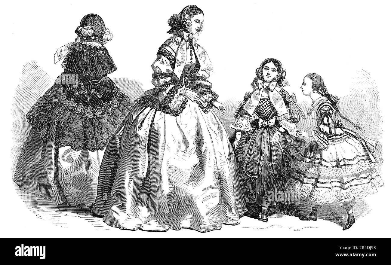 Paris Fashions for March, 1856. 'Toilettes de Ville: Chapeau en poult de soie, and squares of jet, with trimmings of tufts of feathers; the edge trimmed with black velvet ribbons. Mantelet of black velvet, with a braid trimming...On the shoulders another row of narrow braiding supports a lace flounce, also narrower. Robe of maroon silk. Chapeau of rose taffetas, trimmed with a row of black velvet, with black ostrich feathers on both sides. Robe of pearl-grey Broquet de soie...The corsage &#xe0; basques, with braces formed with a trimming of feathers pos&#xe9;es &#xe0; plat. The sleeves are &#x Stock Photo