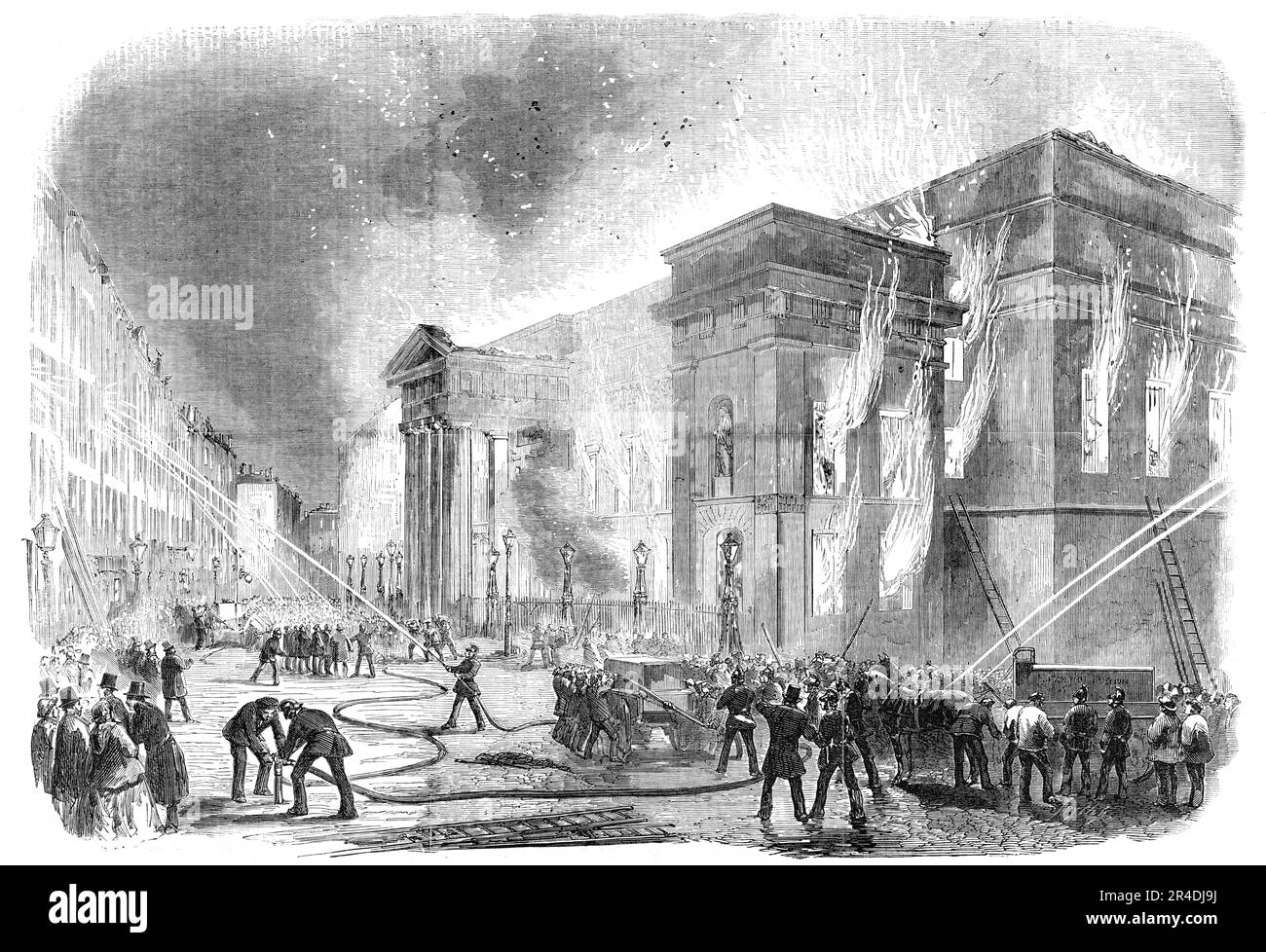 Burning of Covent-Garden Theatre, [London], 1856. Inquiry into the cause of the fire: 'John Drake Palmer, gasman, said he had the entire management of the gas-fittings of the theatre, and had fitted up the carpenter's shop with gas just previously to Christmas last. The whole arrangements for lighting the theatre were under the control of himself or his assistants. It was impossible, he thought, for the fire to have originated by reason of any escape of gas in the carpenter's shop. Mr. Henry Sloman, machinist and carpenter to the theatre during the last thirty years, was next examined. He said Stock Photo