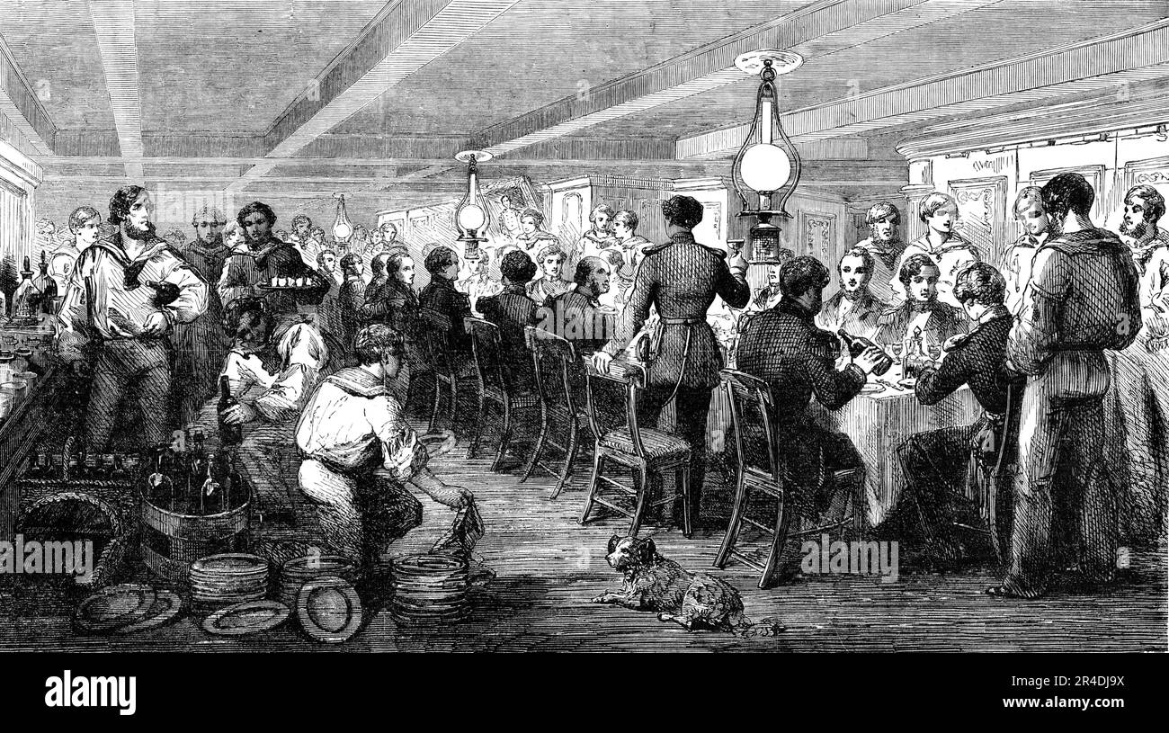 Entertainment to Admiral Dundas on board H.M.S. &quot;Wellington&quot; - Baltic Fleet, 1856. Officers and men of the Royal Navy drinking in the saloon of the warship 'Duke of Wellington' during the Crimean War. From &quot;Illustrated London News&quot;, 1856. Stock Photo