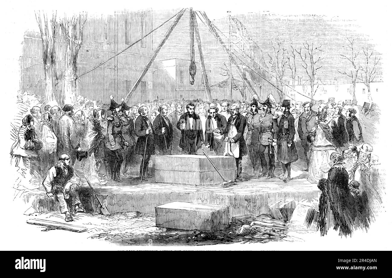 The Lord-Lieutenant laying the Foundation-Stone of the New Museum, at Dublin, 1856. Ceremony on '...the lawn of the Royal Dublin Society's premises, Merrion-square...The Lord Lieutenant of Ireland expressed the hope '&quot;...that the building [part of the National Museum of Ireland] about to arise on the spot already connected with high ancestral recollections of Ireland may...furnish ever-increasing accommodation for the pursuits of useful knowledge and humanising accomplishments, and open for the coming generations worthy temples of science, art, and learning, at whose shrine they may be ta Stock Photo