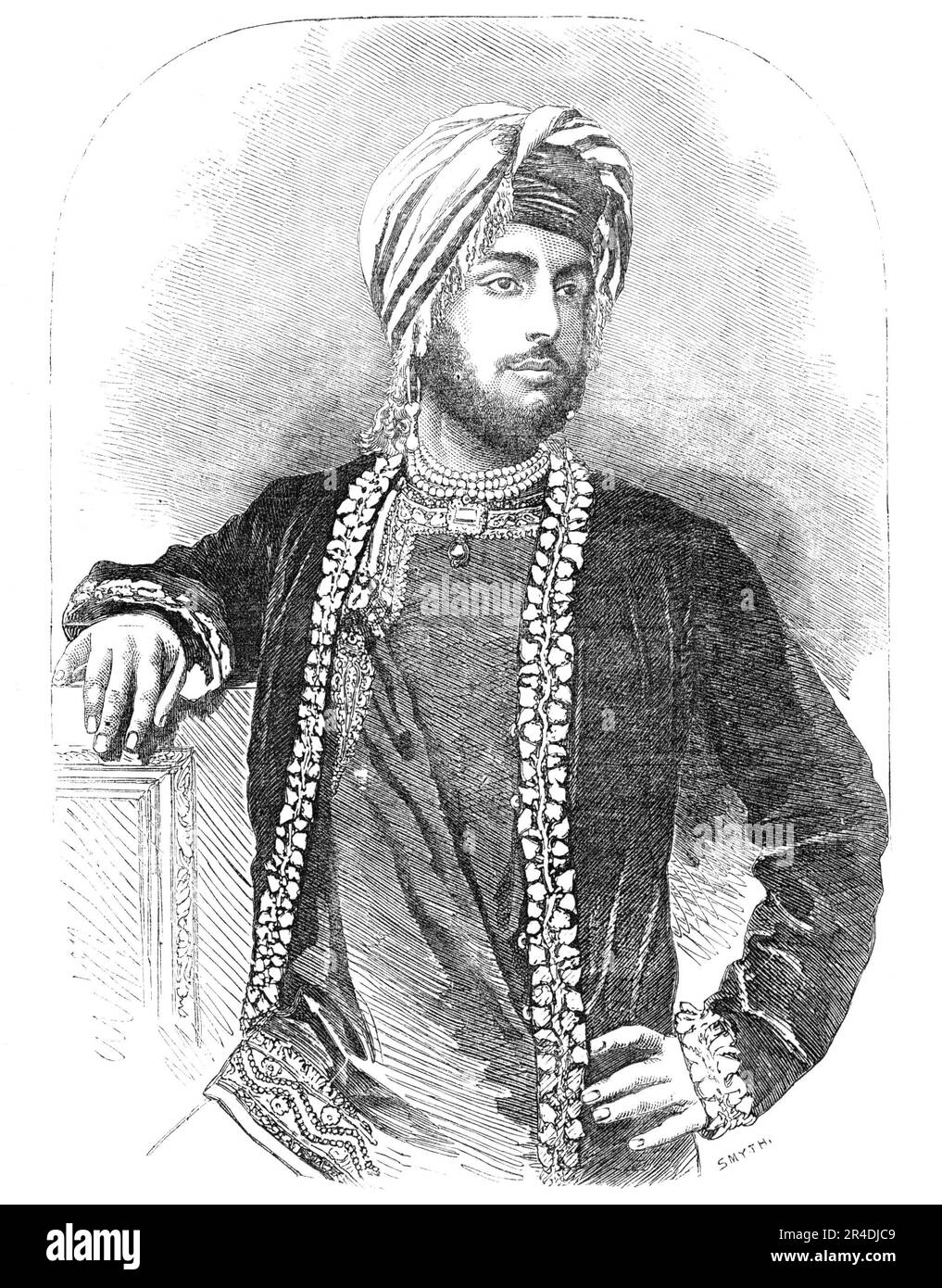 Dhuleep Sing - from a collodion by O. G. Rejlander, Wolverhampton, 1856. Portrait of the last Maharaja of the Sikh Empire, '...Dhuleep Sing, now on a visit to this country [England].... On the 15th September, 1843, the Maharajah of Lahore, Shere Sing, and his two sons, were murdered; and, the murderer himself being slain almost immediately afterwards, Dhuleep Sing, then only ten years of age, was placed upon the throne. Executions and bloodshed followed in the Sikh capital...On the 18th May, 1849, the Maharanee Chunda, the mother of Dhuleep, made her escape, and arrived at Nepaul. Dhuleep hims Stock Photo