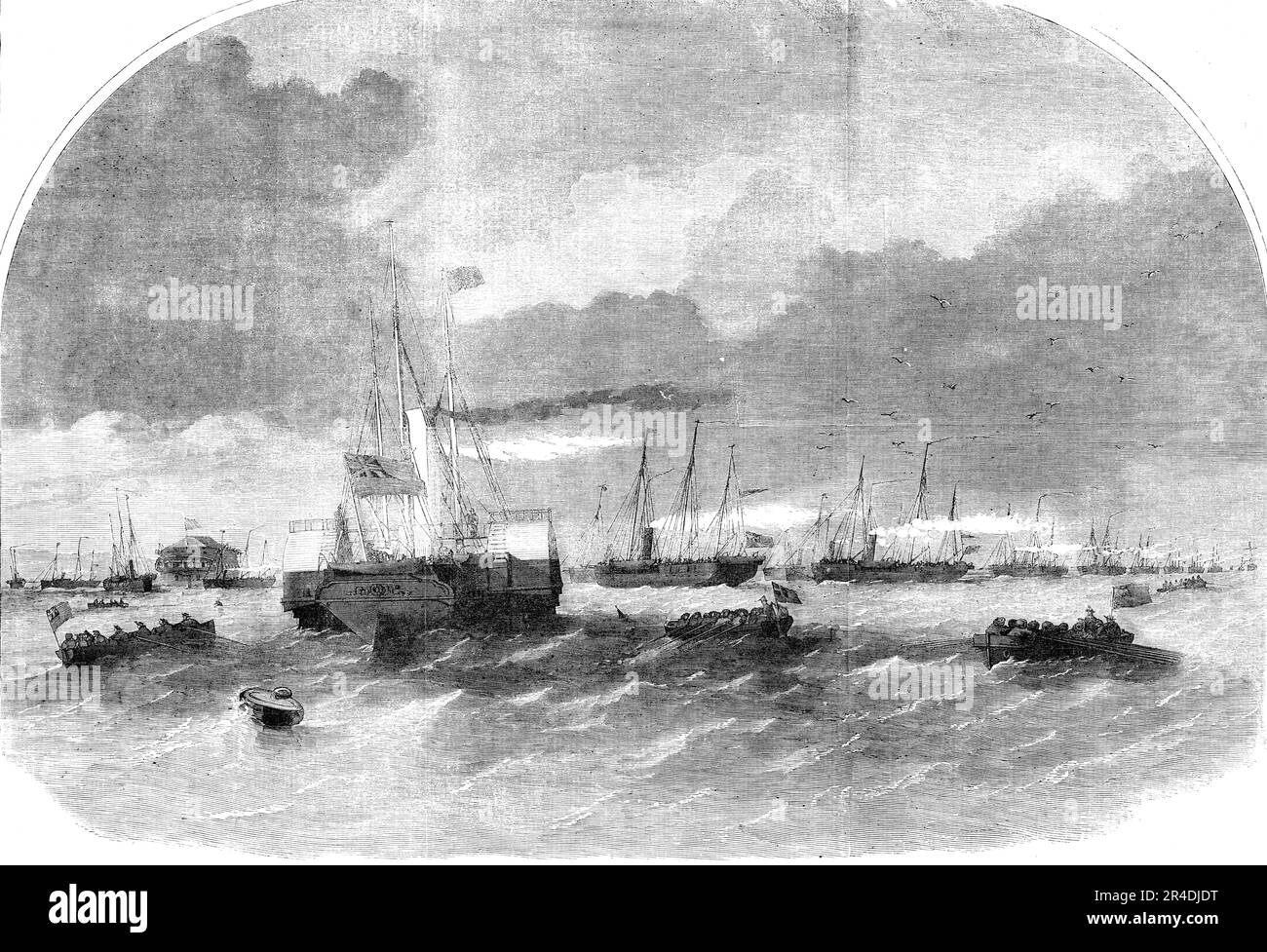 The Gun-Boat Flotilla, off Ryde, Isle of Wight, 1856. '...the first division of the numerous fleet of gun-boats intended for the next Baltic campaign. It consisted of the following vessels, each carrying two 68-pounder guns and two howitzers, under the orders of Captain Codrington, viz.: Starling, Biter, Dapper, Stork, Charger, Skylark, Snapper, Beaver, Swinger, Jackdaw, Dove, Banterer, Bustard, Bullfrog , Cockchafer; attended by the Commander of Portsmouth Dockyard, Vice-Admiral Sir G T. Seymour, K.C.B. , in the Fire Queen...the little fleet has been daily augmented by fresh arrivals from dif Stock Photo