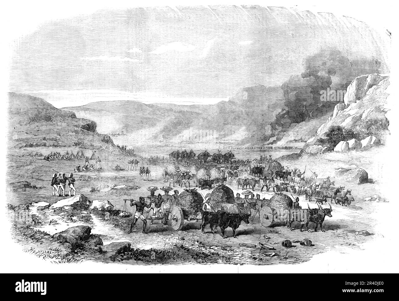 The 45th Regiment, Native Infantry, Burning a Santhal Village and Recovering Plunder, 1856. British Army responds to an uprising by the Santhal people in present-day Jharkhand and West Bengal: '...a band of armed Santhals had decapitated a police-officer in the hills...and were plundering the neighbouring villages. The intelligence...was disbelieved, from the simple fact that the Santhals had up to that moment borne the character of being the most truthful, faithful, gentle, and harmless race in India. Rapid and repeated messages, however, pouring in one after the other, soon confirmed the tru Stock Photo