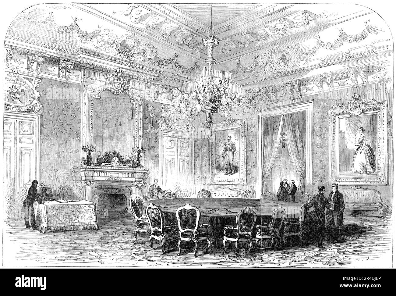 Hall of the Conferences, Hotel of the Minister for Foreign Affairs, at Paris, 1856. Scene of '...the conclusion of an armistice between the belligerent parties [in the Crimean War]...which armistice, however, is not to extend to such naval operations as the Western Powers may deem necessary for the maintenance of their blockade on the Russian ports...The hall of the Ambassadors...is hung with crimson satin, and decorated with two magnificent portraits of the Emperor and Empress...The Conference table occupies the middle of the hall, and twelve chairs are ranged round it. A second table is for Stock Photo