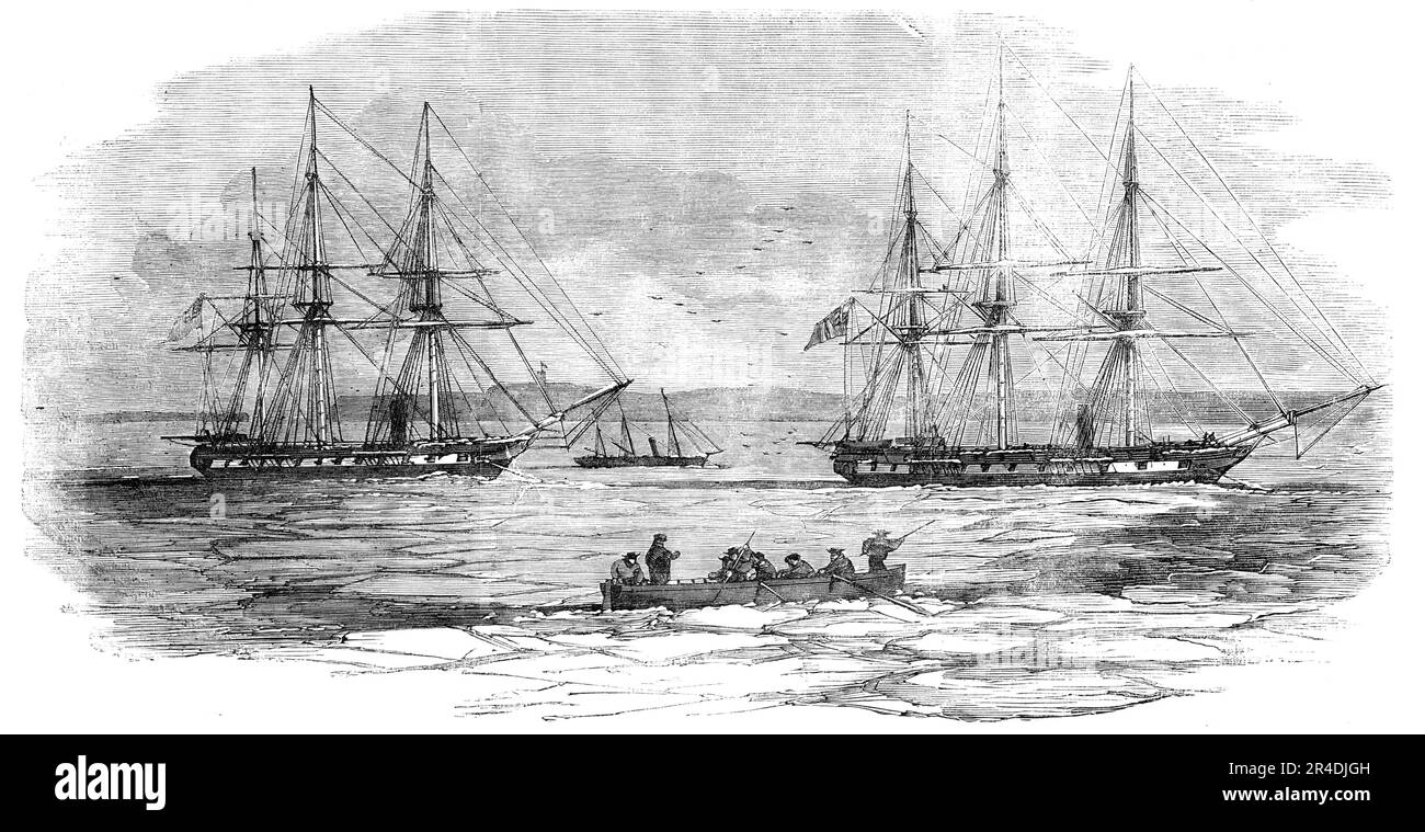 Kinburn - the &quot;Curacoa&quot; and &quot;Tribune&quot; Steam-frigates, and &quot;Beagle&quot; Gun-boat, in the Ice, 1856. Crimean War, Black Sea, British ships: '...the Curacoa and Tribune steam frigates, and Beagle gun-boat, beset with an immense floe of ice, with the Captain in his galley trying to get on board. Behind the Isle of Berezan there is an extensive lake from whence the new gale most likely brought the ice out. The Curacoa and Tribune left for the Bosphorus on the 17th Dec., delighted to bid adieu to Kinburn'. From &quot;Illustrated London News&quot;, 1856. Stock Photo