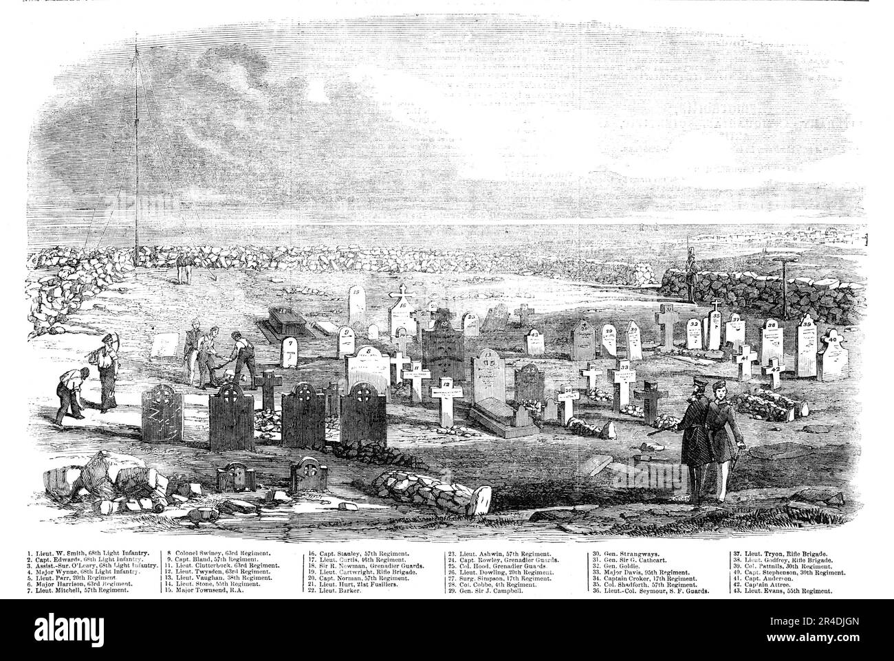 The Fourth Division Burial-ground, on Cathcart's Hill, Crimea, 1856. Crimean War. 'This Illustration possesses a melancholy interest, and will naturally be appreciated by those in England whose relatives and friends have fallen in battle and at the siege, and now rest upon Cathcart's Hill...[Shown here are] deceased officers' tombs, with their names...The tombs of the officers of the 68th Regiment are alike - red Maltese marble; those of the 57th, white marble; and the 63rd, stone crosses. A very handsome memorial is shown, in jet-black marble, to Sir R. Newman, Grenadier Guards. The monument Stock Photo