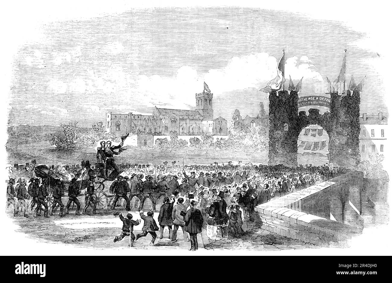 Reception of Admiral Sir Edmund Lyons at Christchurch, 1856. '...the streets of Christchurch were filled with visitors...assembled to do honour to its illustrious townsman...On the High-bridge...there was a halt beneath a turreted arch, which bore the words: &quot;To the age a defence, to posterity an honourable name.&quot;...[Sir Edmund said]...he could assure them that both soldiers and sailors, officers as well as men, who were abroad in their country's service, were sustained by nothing so much as by the approbation of their countrymen at home...He had no doubt all present had contributed Stock Photo