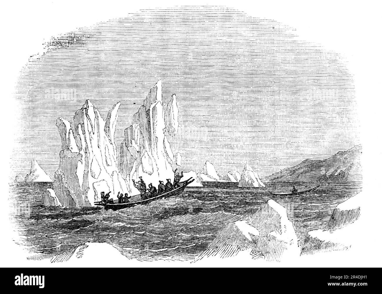 Destruction of a Skin-Boat by the Falling of an Iceberg, 1856. Kayak off the coast of Greenland. 'Boat travelling among the icebergs is not without danger; rotten icebergs frequently fall in pieces with the slightest concussion. One of the native boats, some years since, was passing one of these, when a child merely struck against the side of an iceberg with a stick ; this slight blow was sufficient, the loose masses became detached, the iceberg lost its balance, toppled over, fell into pieces, and destroyed the boat and its hapless crew, composed of women, by whom only these large boats are r Stock Photo