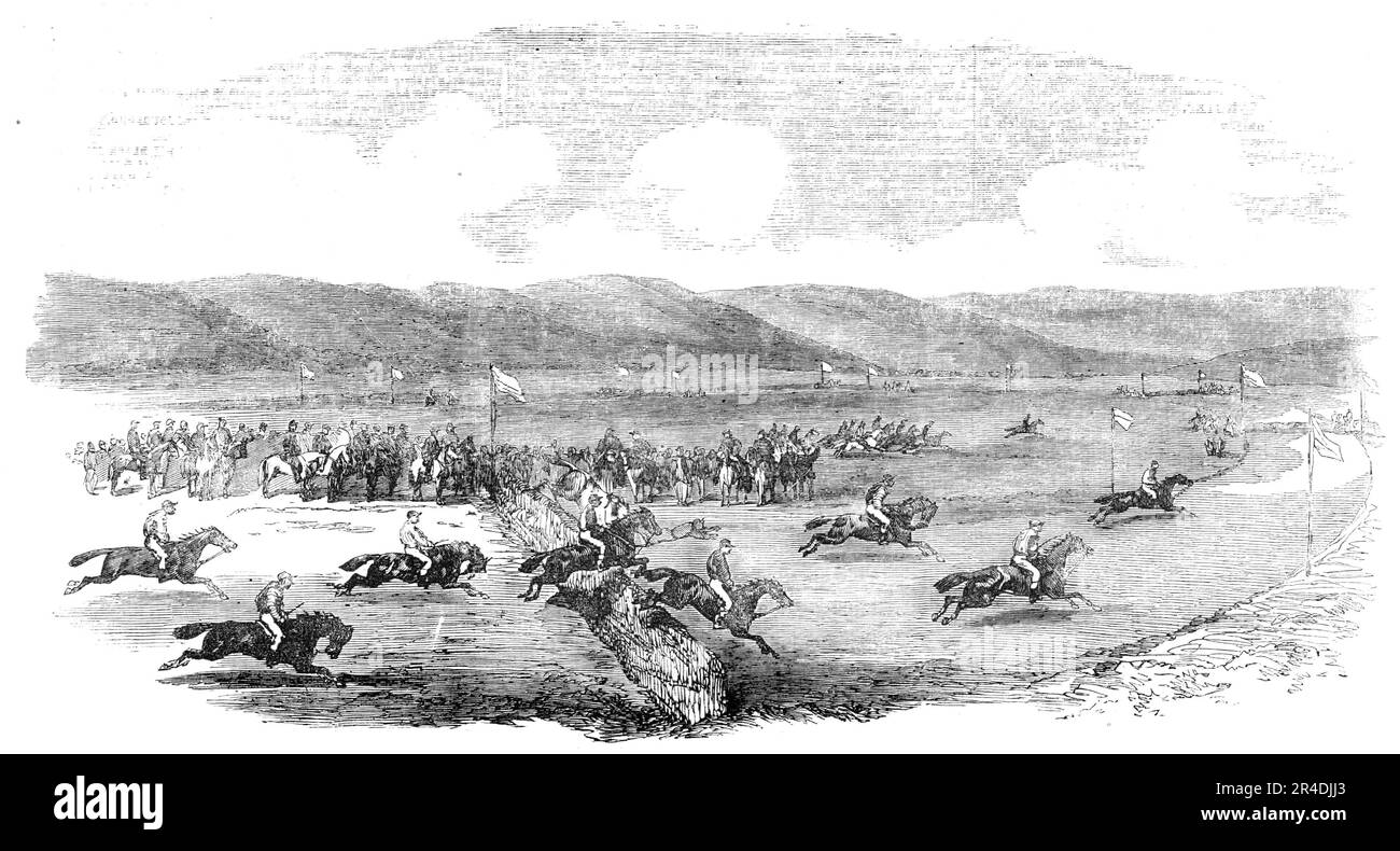 Grand Military Steeplechase in the Crimea, 1856. Off duty during the Crimean War: British soldiers make their own amusement. 'We have to thank a Correspondent (an officer of the 17th Regiment) in the Camp, Sebastopol, for the accompanying Sketch of the Grand Military Steeplechase, which took place on the 3rd of December last, and afforded capital sport. The race represented is the first of the &quot;Grand International Steeplechase,&quot; which was won, in good style, by Captain Smith's &quot;Master-Roll&quot;.' From &quot;Illustrated London News&quot;, 1856. Stock Photo