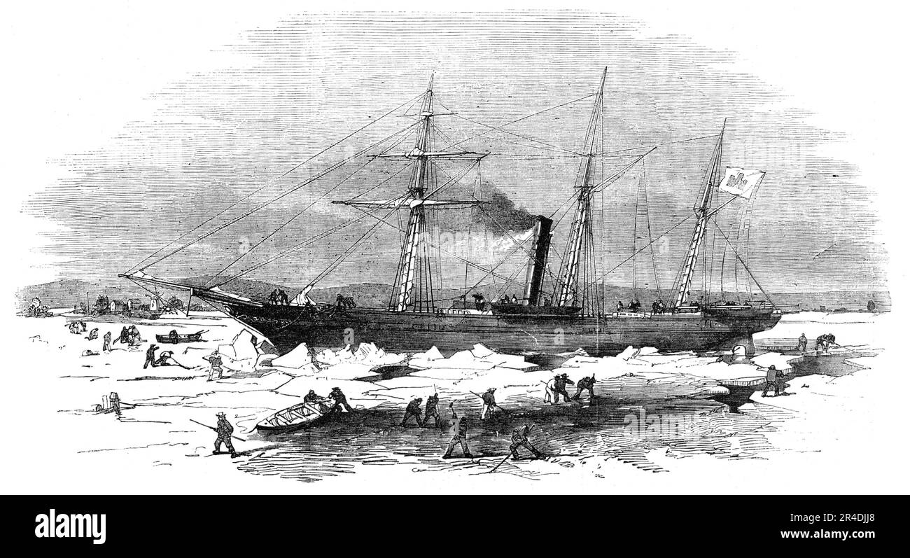 Navigation of the Elbe - the Steamer &quot;Pollux&quot; cutting through the ice at Altona, 1856. ''A novel and important experiment has just been made on the Elbe, with a view to ascertain how far it is practicable to keep the navigation of that river open during the winter. At present all communication by sea between [England] and Hamburg is completely stopped [in winter]...The fast ice... was about nine inches in thickness; and, when attacked by the steamer, was broken with perfect ease, and to a considerable distance on each side of the vessel, leaving a free channel of about sixty or seven Stock Photo