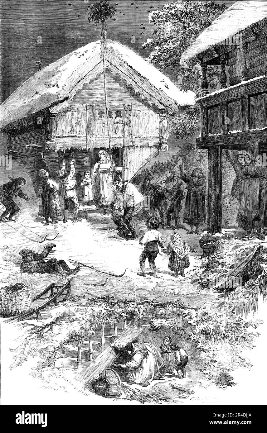 Winter in Norway - from a picture by Adolphe Tidemand, 1856. 'With Christmas begin the national festivals...During this season all work is stopped...and the feasts are celebrated with the hospitality and simplicity of the olden time. It is also an old custom that even the phantoms of superstition must share in these winter fetes, as well as the animals of the earth and the birds of the air. A dishful of oatmeal-porridge is placed by the women of the house under the steps of the staircase, to regale the goblin (or brownie) of the farm. Out of doors, a long pole is setup in front of the house, w Stock Photo