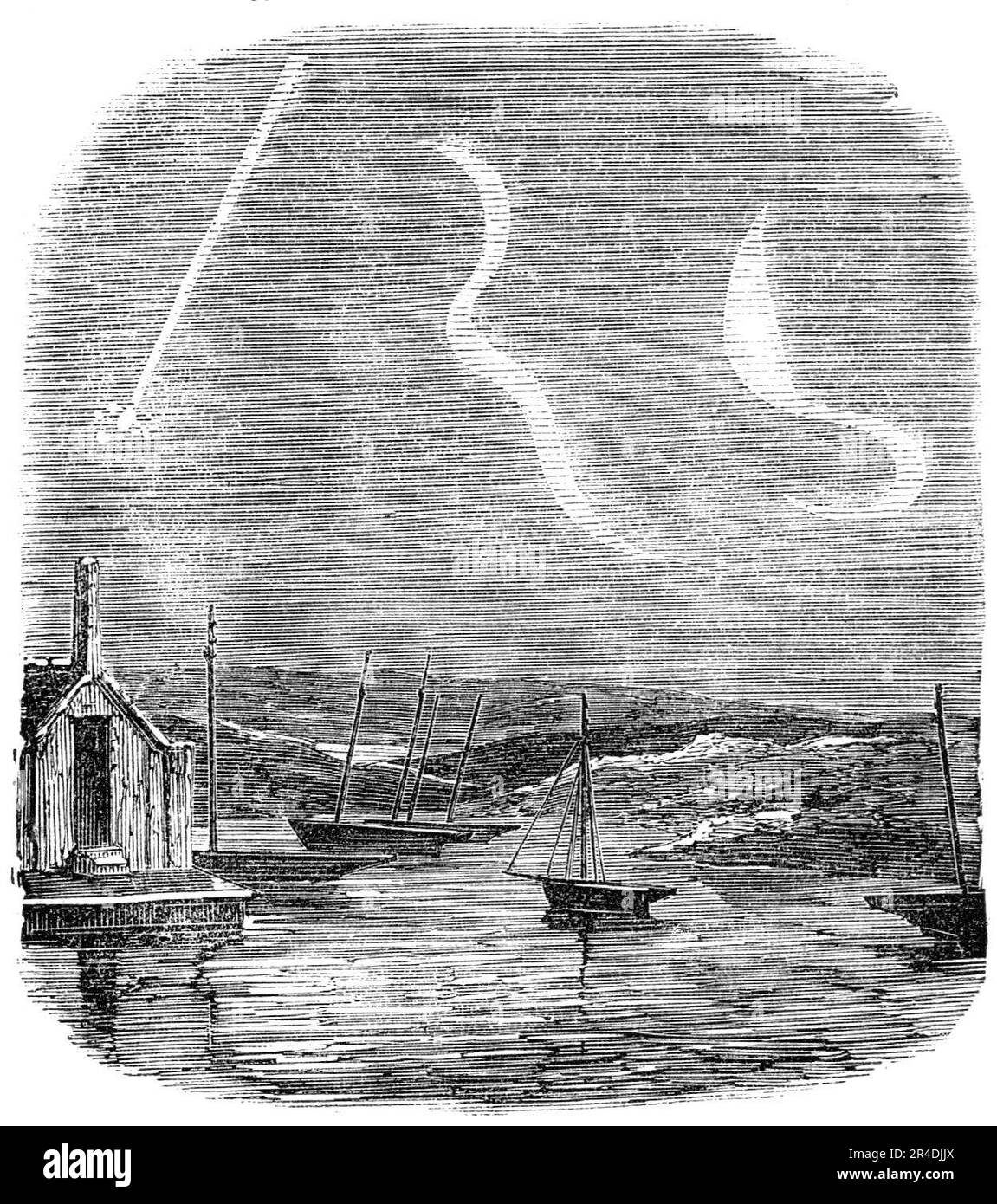 The Meteor, as seen over the Medina, Isle of Wight, 1856. 'At 4.50 p.m., as I was looking to the southward from East Cowes, I observed a ball of fire descend vertically, S.S.W. by compass, which seemed to have shot forth from the heavens from an altitude of sixty degrees, and descended in a straight line and burst at an elevation of about twenty or twenty-five degrees, presenting the most brilliant colours, from bright silvery white to deep yellow - then red and blue, in every respect similar to a sky-rocket. The train which it left behind appeared about fifteen degrees or more in length, like Stock Photo