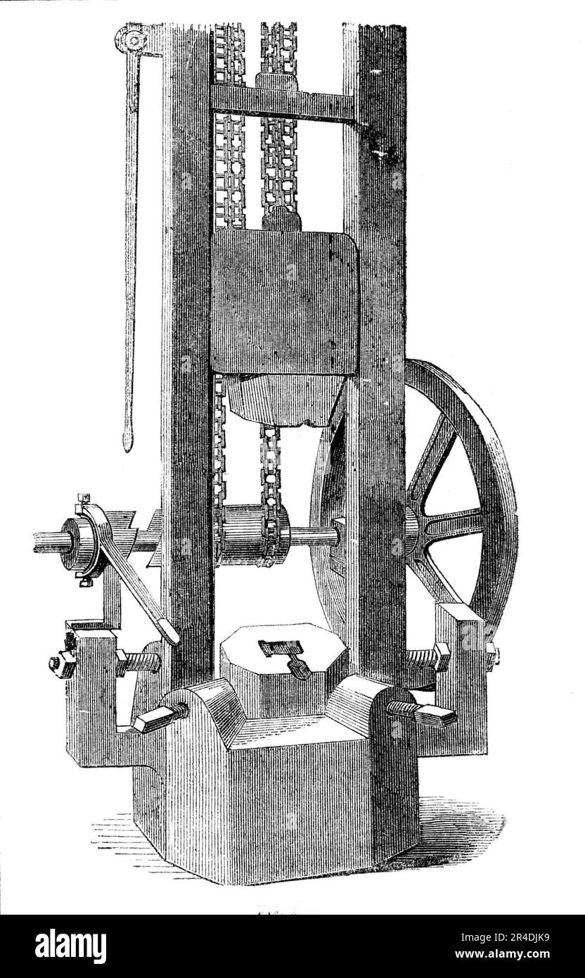 Manufacture of Bayonets, 1856. 'The present war having caused an unusual demand for weapons...The Honourable Board of Ordnance therefore gladly availed themselves of the mechanical skill of Manchester and the surrounding towns to make up for the deficiency in the supply of bayonets...The partially-formed bayonet is...heated, and laid on the lower die of the stamping machine...The stamper, or the part that gives the requisite blow for shaping the socket of the bayonet, is made of a block of cast iron, weighing four or five cwt., in the lower surface of which is a recess corresponding to the rec Stock Photo