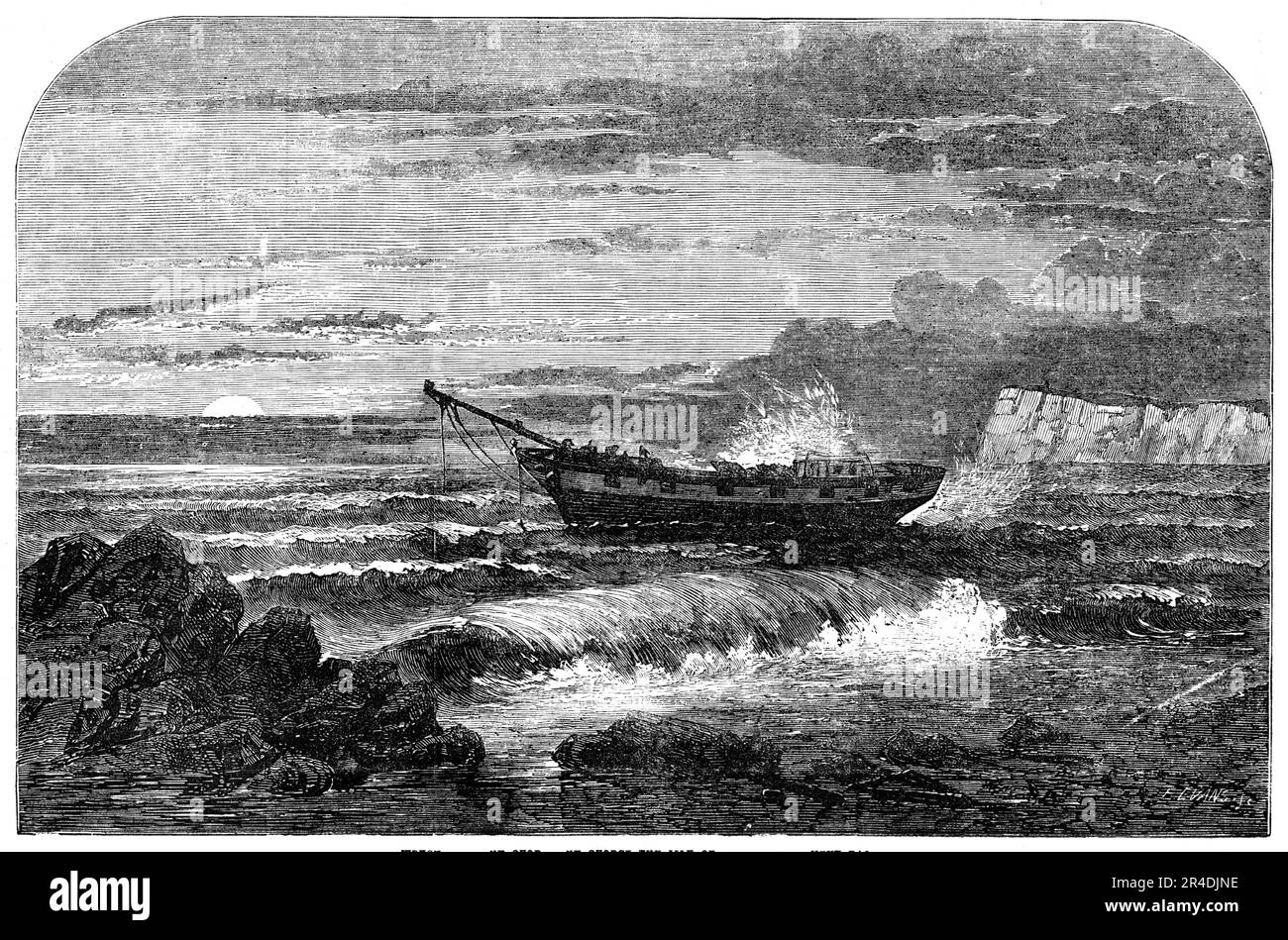 Wreck of &quot;The George Lord&quot;, off the Isle of Wight, 1856. Ship bound for London, '...laden with a valuable cargo of fruit from Zante. She encountered foggy weather in the Channel, and the master, being out of his reckoning, hailed a French vessel, the captain of which informed him that he was off the Lizard Point. Altering his course in consequence, he ran his ship directly upon a reef of rocks which juts out into Brook Bay. The coast-guard, seeing a vessel approaching through the darkness, burnt a blue light and fired pistols, but it was too late for the master to alter his course. S Stock Photo