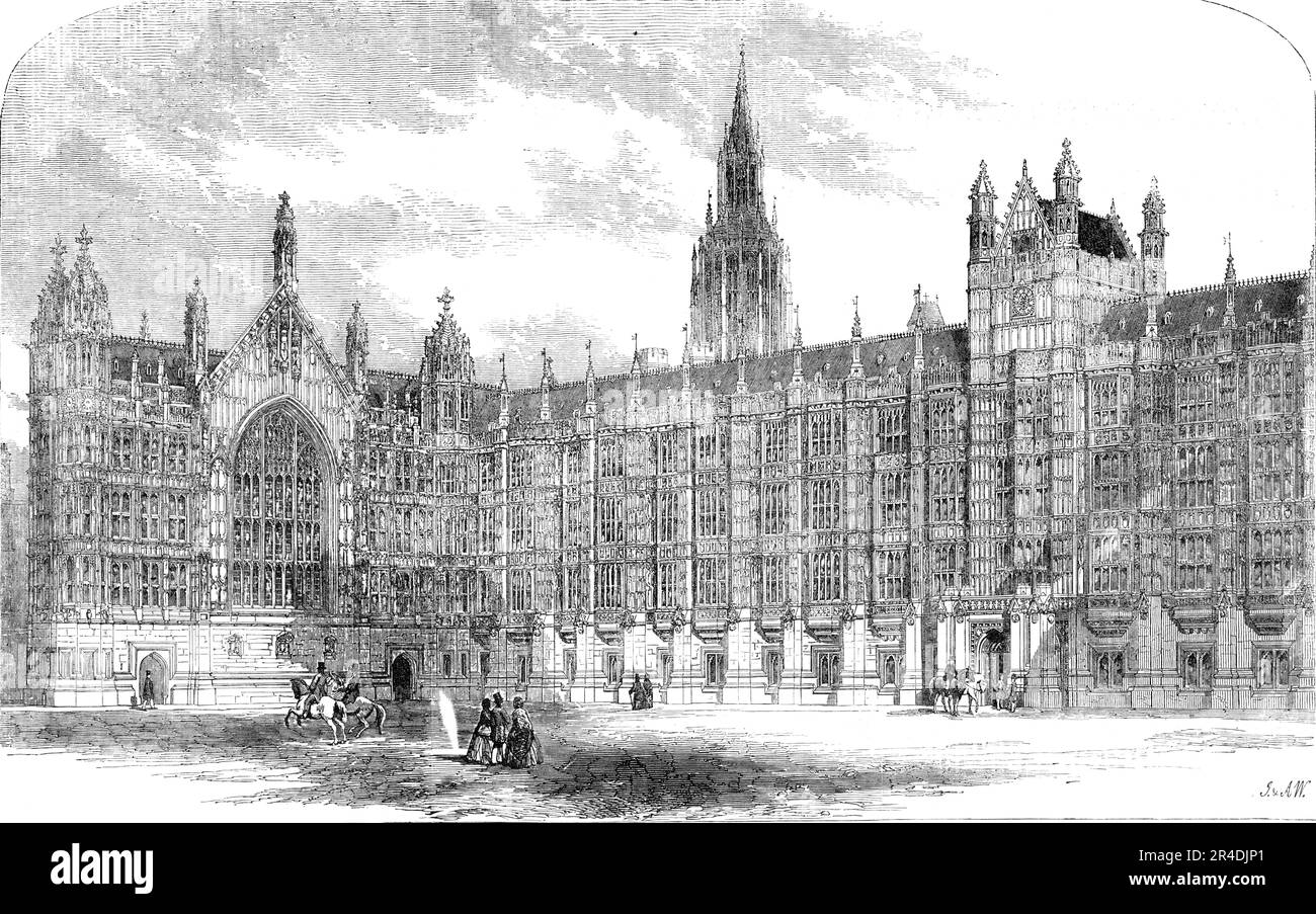 The Peers-Front, New Palace of Westminster, [London], 1856. 'This portion of the new Palace of Westminster is situated on the western side, between the Victoria Tower and the southern end of Westminster Hall, and connects the two buildings admirably. It is an elegant addition, nearly, if not quite, three hundred and forty feet long...Our View of the front shows a good portion of the grand Central Tower rearing its elegant form high in the air, from the ground to top upwards of 275 feet. The amount of finish given to the appearance of the exterior of the building by the completion of this front Stock Photo