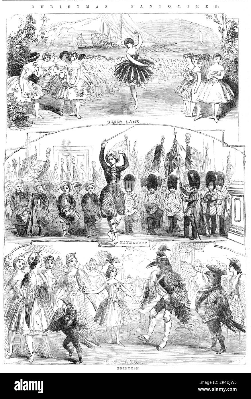 Christmas Pantomimes: Drury Lane; Haymarket; Princess', 1856. London stage productions. Drury Lane: '...a scene from the ballet, in which Rosina Wright and the strength of the choregraphic corps of this theatre are employed; and, with the advantage of Beverley's painting in some of the greater pictorial scenes, adds the grace of motion to the beauty of form and colour'. Haymarket: '...a ballet interlude...in which Miss Mary Brown, the Columbine, appears in the costume of a Zouave, as the centre of a group of military juveniles, that represent a body of Zouaves and British Grenadiers, who march Stock Photo
