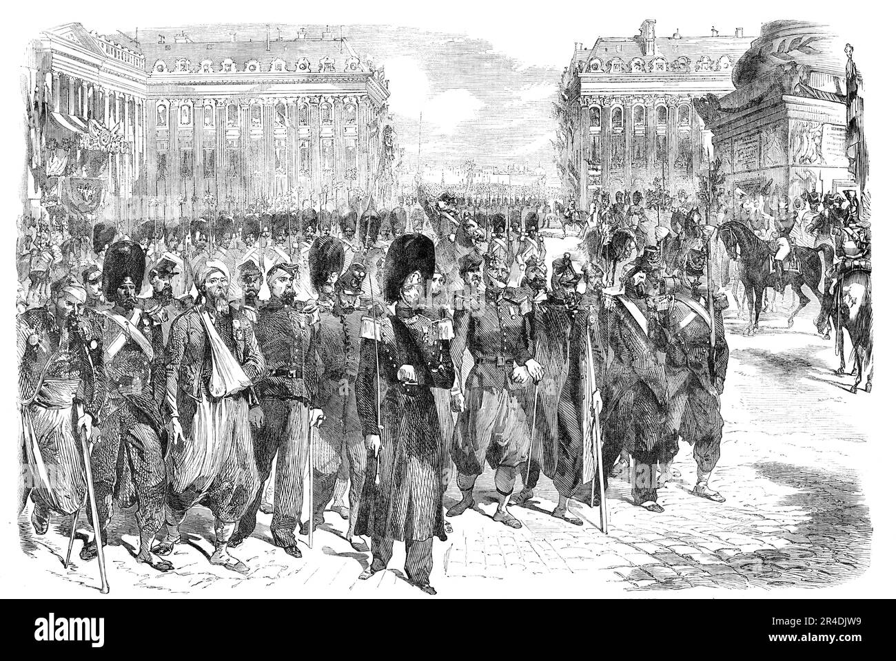 The Crimean Troops Defiling at the Foot of the Column, Place Vendome, 1856. Wounded French soldiers in Paris. 'The soiled uniforms, but still more the haggard and worn appearance of the men's swarthy faces, told a tale of suffering and endurance which drew tears from many of the spectators; and the intensity and earnestness of the cheering exceeded anything ever before heard in Paris. The flag of one of the regiments...was torn to ribbons; the white maculated with the blood stains...and the eagle which surmounts the shaft showed, by one of its wings shot off, the fierceness of the struggle it Stock Photo