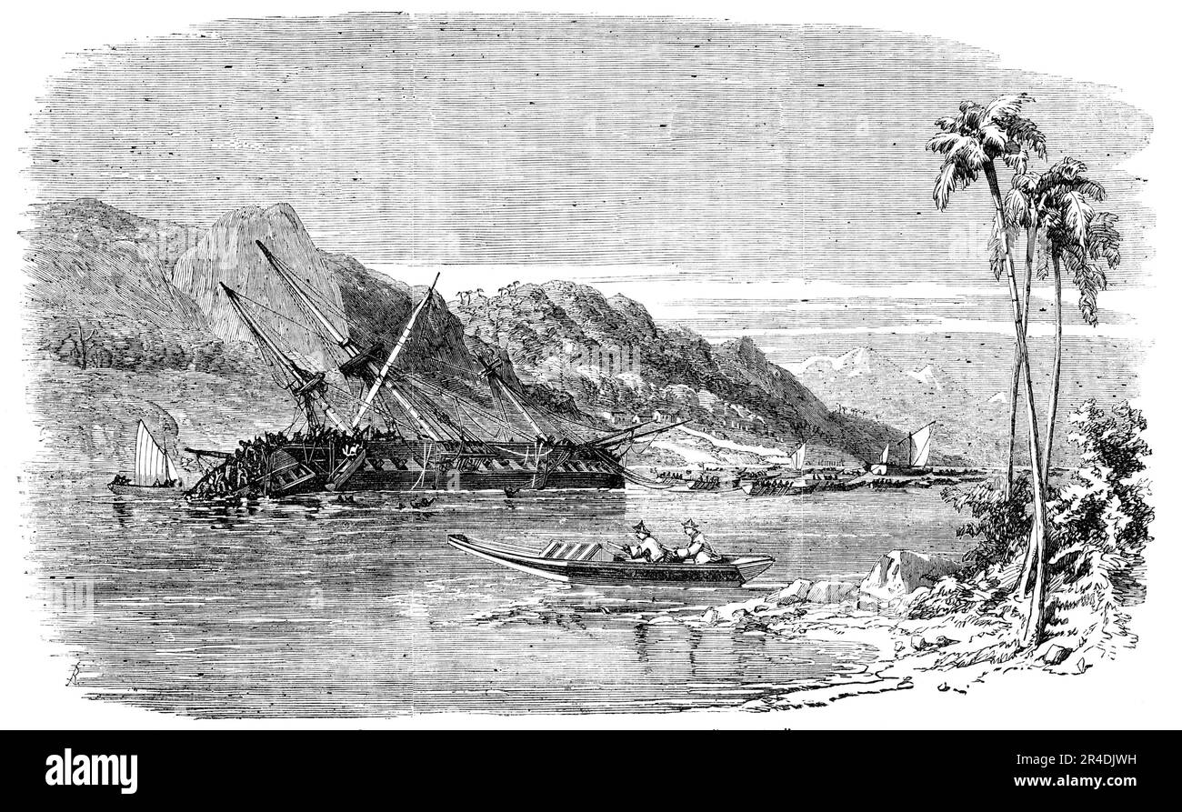 Scene of the Recent Earthquake in Japan - Sinking of &quot;The Diana&quot;, 1856. On 23rd December 1854, '...a large wave was noticed rolling into the bay, and the water on the beach very rapidly rising immersed the village of Simoda; it appeared to those on board the [Russian frigate Diana] as if the village was sinking...a second wave rolled into the bay; this carried on shore all the boats that were afloat; and on its receding all the houses that had formed the village of Simoda were washed into the bay, covering the water with ruins of houses and wrecks of junks...At three [o'clock] everyt Stock Photo