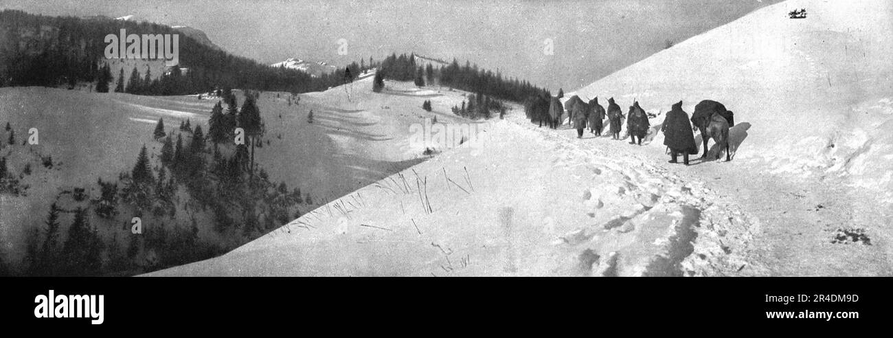 ''La tragique retraite Serbe; La traversee des montagnes d'Albanie: le passage de Rougovo', 1915 (1924). From &quot;L'Album de la Guerre 1914-1919, Volume I&quot; [L'Illustration, Paris, 1924]. Stock Photo