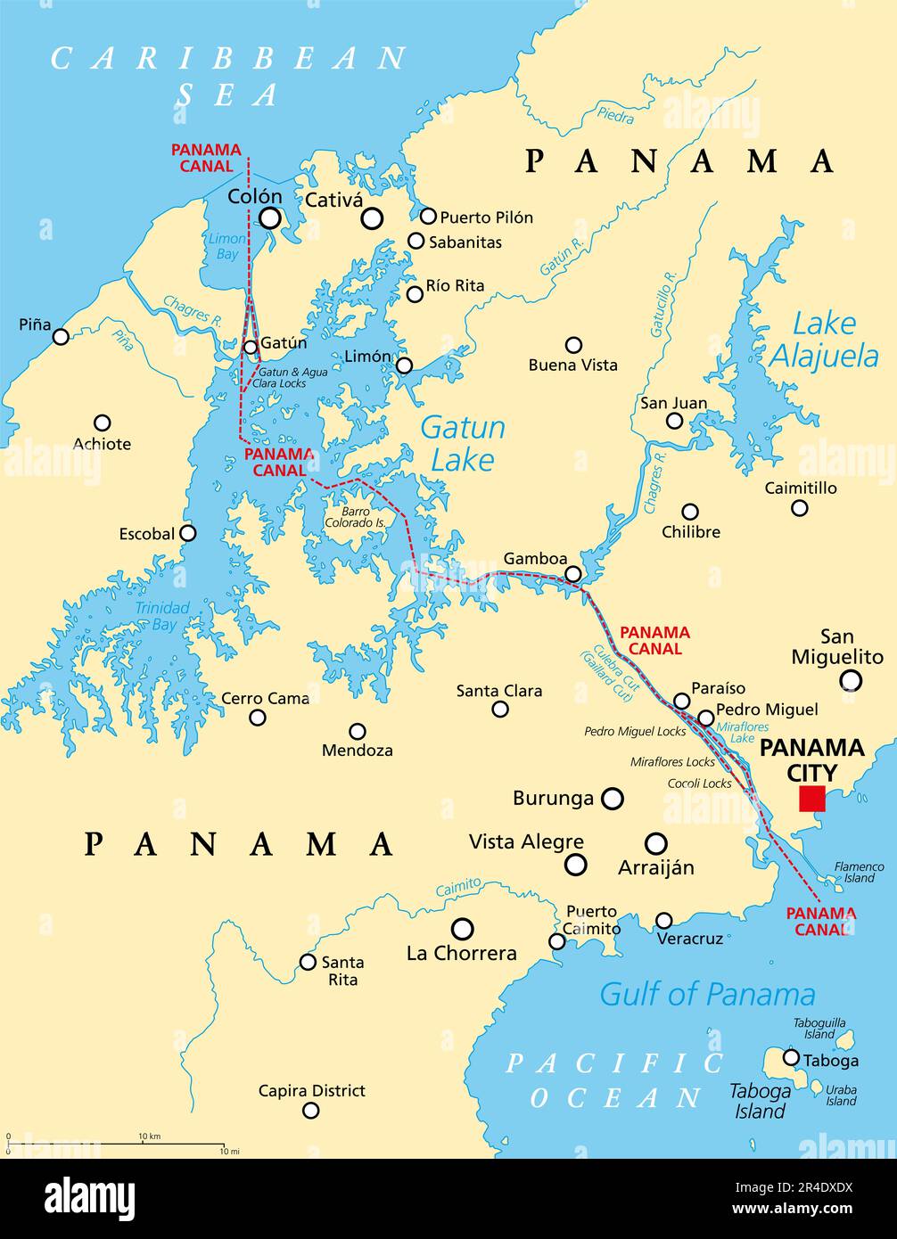 Panama Canal, political map. Artificial waterway in Panama, connecting ...