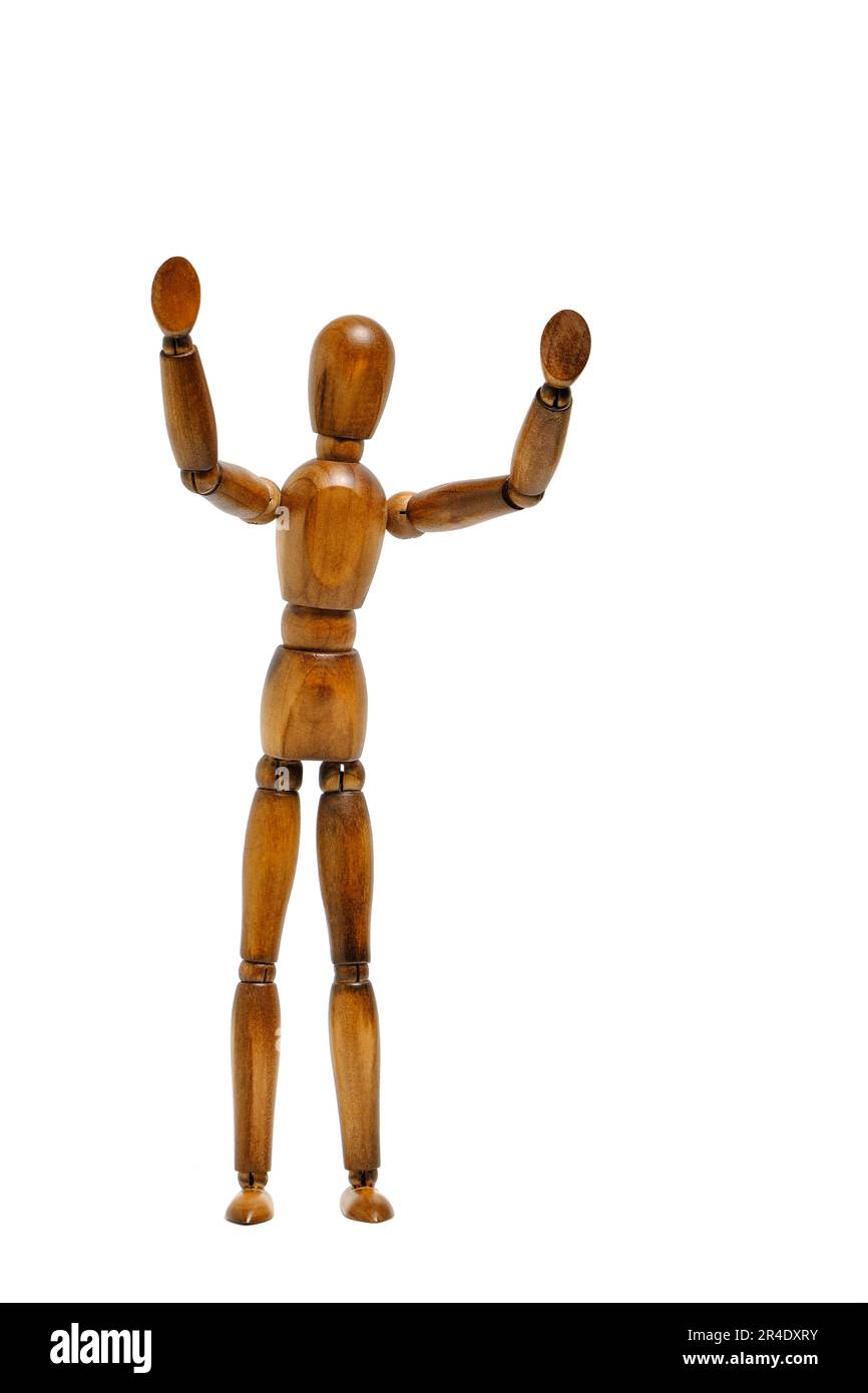 Wooden brown mannequin in motion.With raised hands Stock Photo Alamy