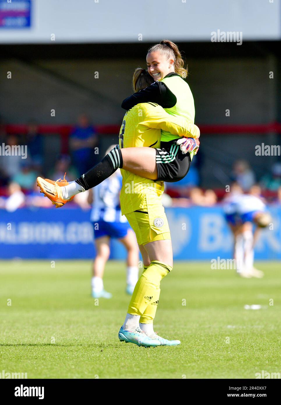 Crawley, UK. 27th May, 2023. Leicester City players celebrate their win that keeps them in the WSL during the FA Women's Super League match between Brighton & Hove Albion Women and Leicester City Women at The People's Pension Stadium on May 27th 2023 in Crawley, United Kingdom. (Photo by Jeff Mood/phcimages.com) Credit: PHC Images/Alamy Live News Stock Photo