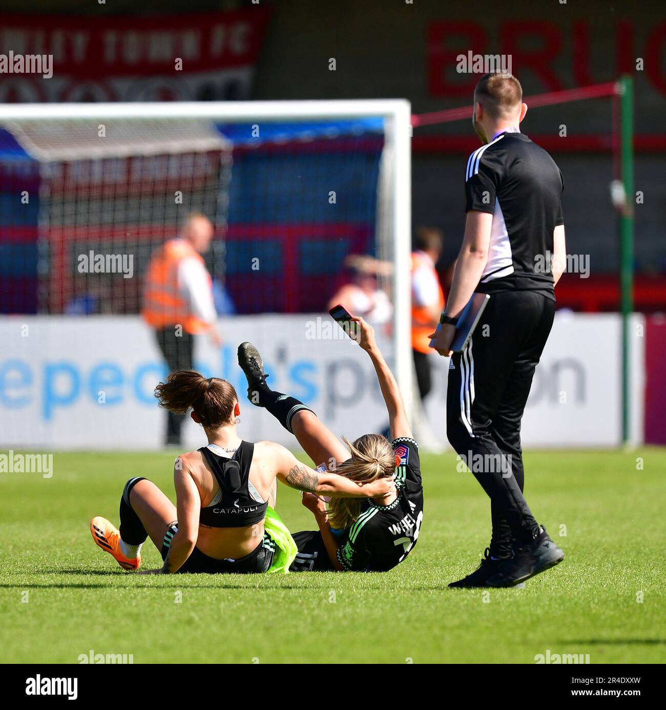 Crawley, UK. 27th May, 2023. Leicester players celebrate their win which keeps them in the WSL during the FA Women's Super League match between Brighton & Hove Albion Women and Leicester City Women at The People's Pension Stadium on May 27th 2023 in Crawley, United Kingdom. (Photo by Jeff Mood/phcimages.com) Credit: PHC Images/Alamy Live News Stock Photo