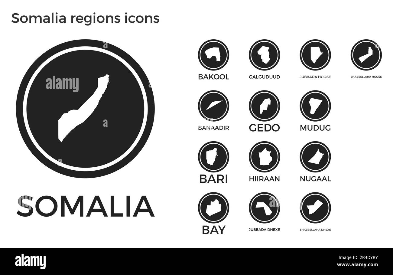 Somalia regions icons. Black round logos with country regions maps and titles. Vector illustration. Stock Vector