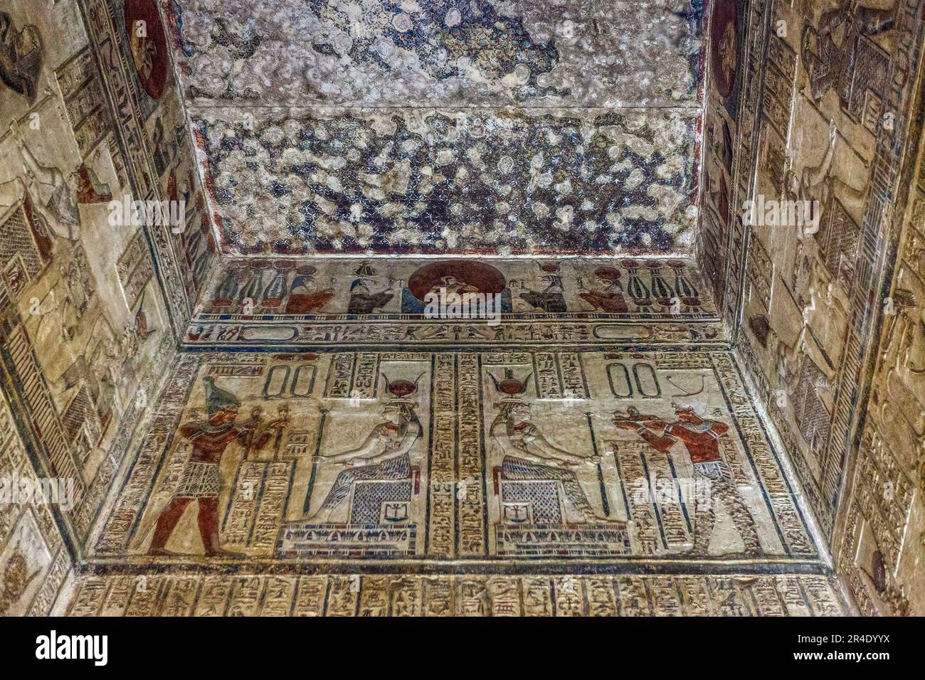 Wall carvings in a chamber of the Temple of Hathor, Dendera Stock Photo ...