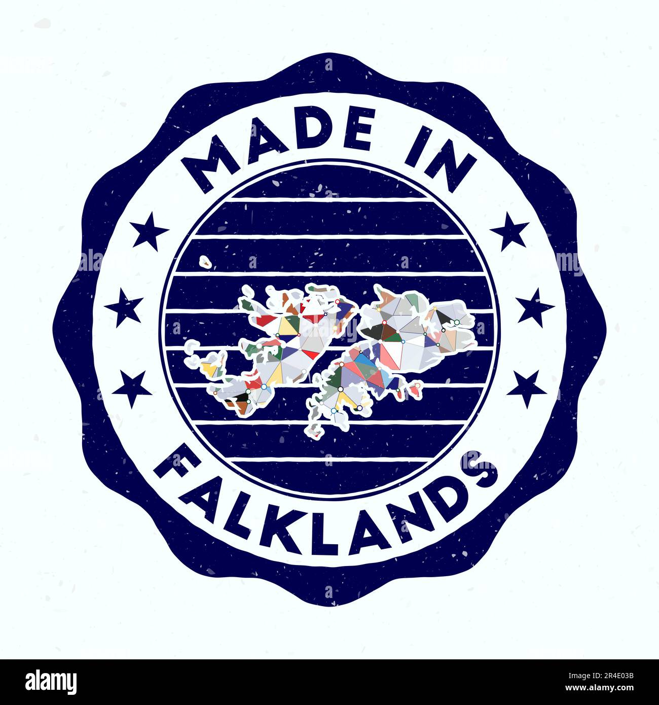 Made In Falklands. Country round stamp. Seal of Falklands with border shape. Vintage badge with circular text and stars. Vector illustration. Stock Vector