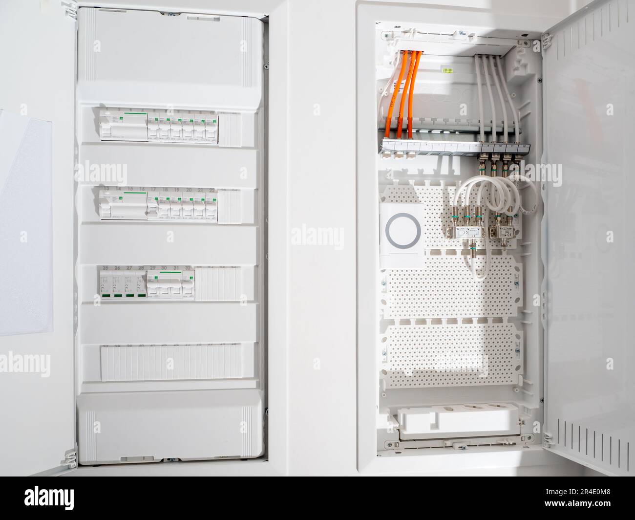 Modern electrical panel in the apartment. Electrical fuse at home. Stock Photo