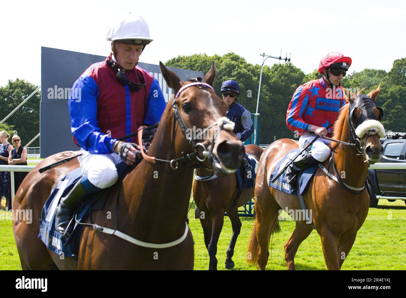 York, UK. 27th May 2023. Left to right: Jockeys Same James on Korker, Frederick Larson on Chipstead and James Sullivan on Reigning Profit before the start of a race at York Racecourse . Credit: Ed Clews/Alamy Live News. Stock Photo