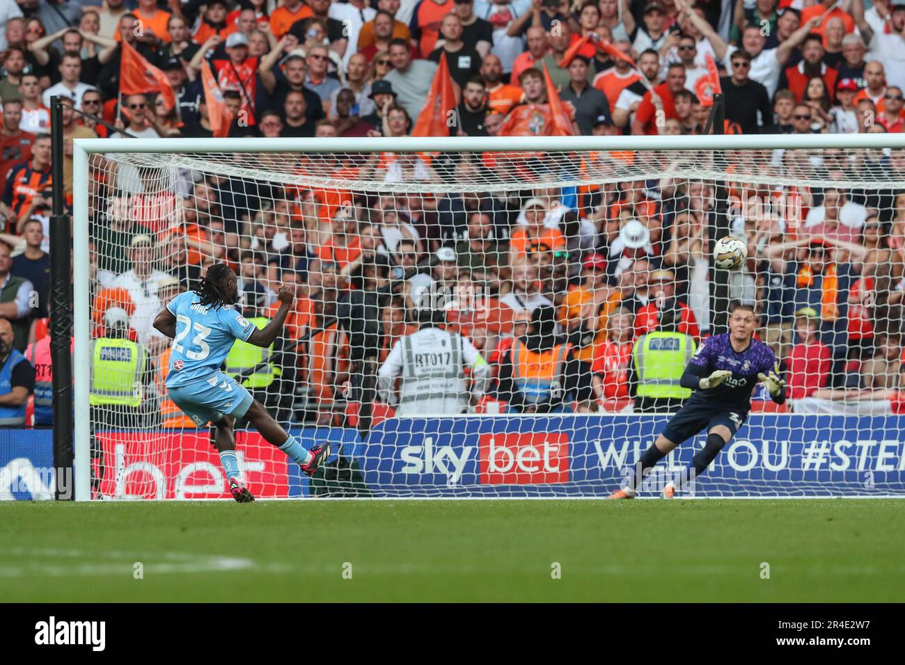 Fankaty Dabo #23 of Coventry City misses during the penalty shootout during the Sky Bet Championship Play-Off Final match Coventry City vs Luton Town at Wembley Stadium, London, United Kingdom, 27th May 2023  (Photo by Gareth Evans/News Images) Stock Photo