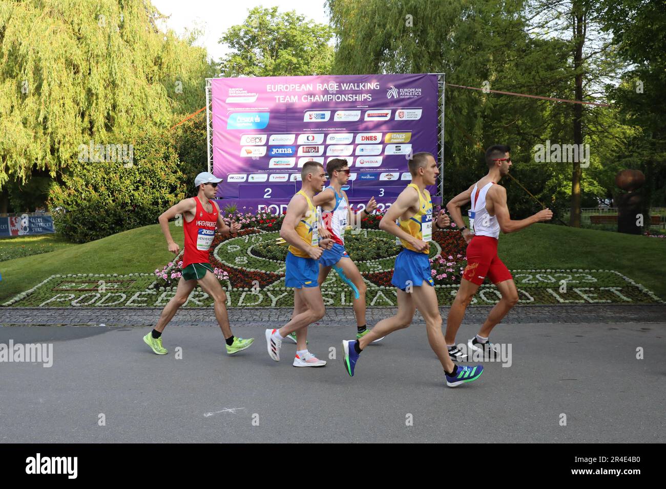 A group of race walkers passing the Podebrady clock in the 35km at the ...