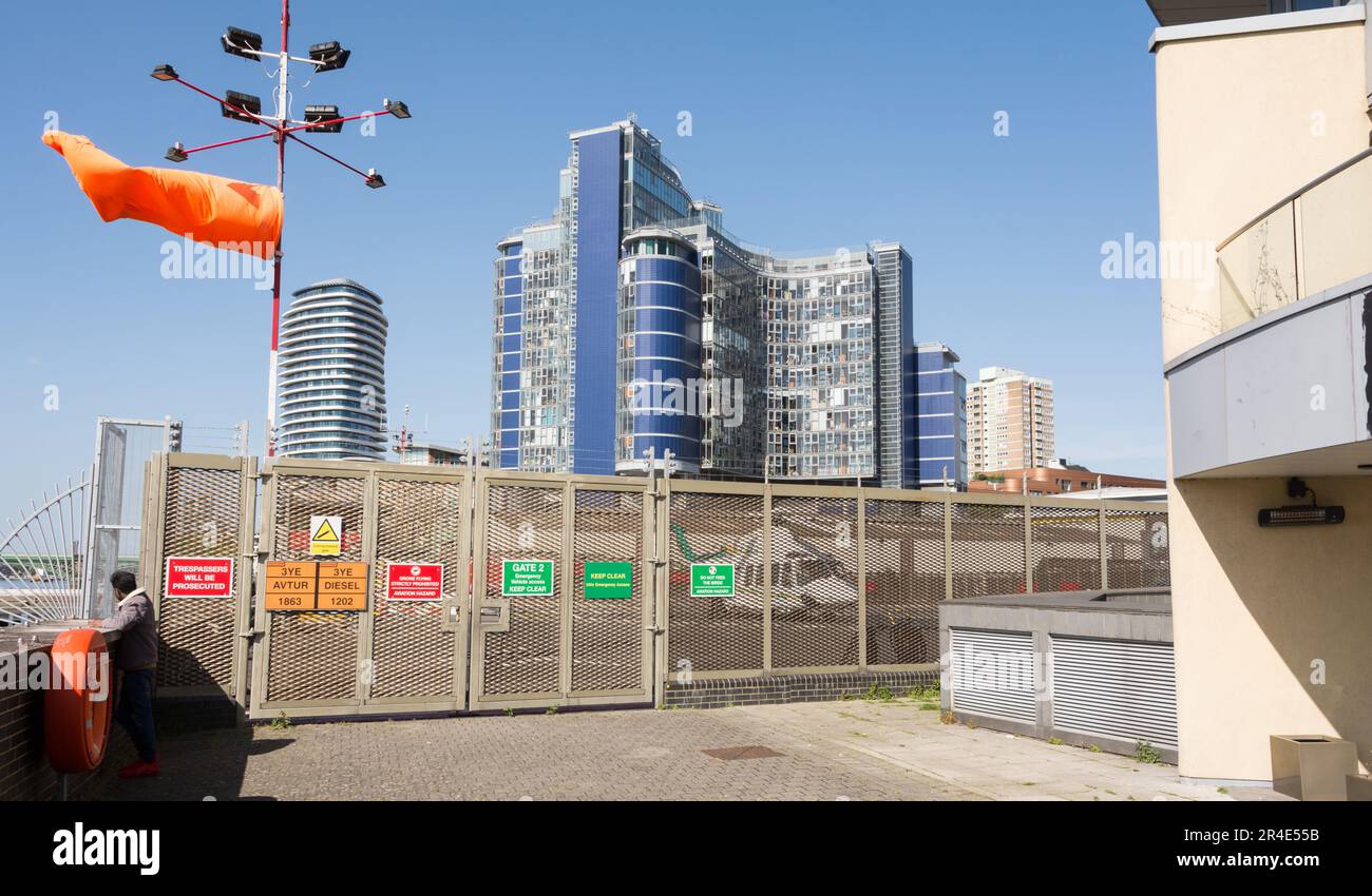 Closeup of Hotel Rafayel, Falcon Wharf, Battersea, and London Heliport
