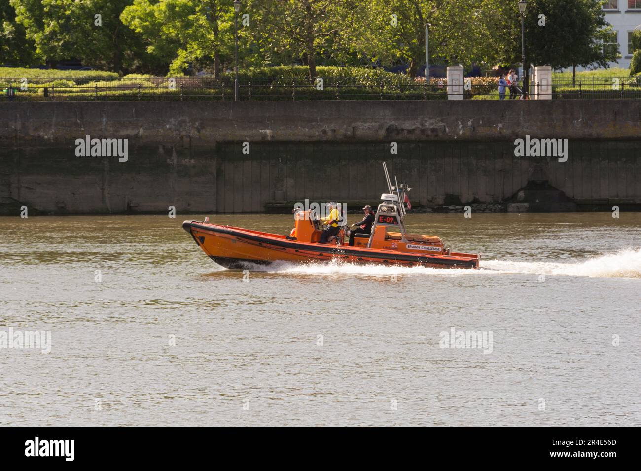 R.N.L.I. LifeBoat E-09 Brawn Challenge out on a Shout at Imperial Wharf, Fulham, London, England, UK Stock Photo