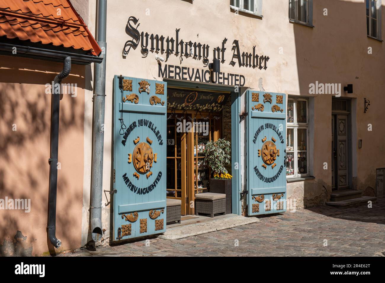 Symphony of Amber, an amber jewellery store in Vanalinn, the old town of Tallinn, Estonia Stock Photo